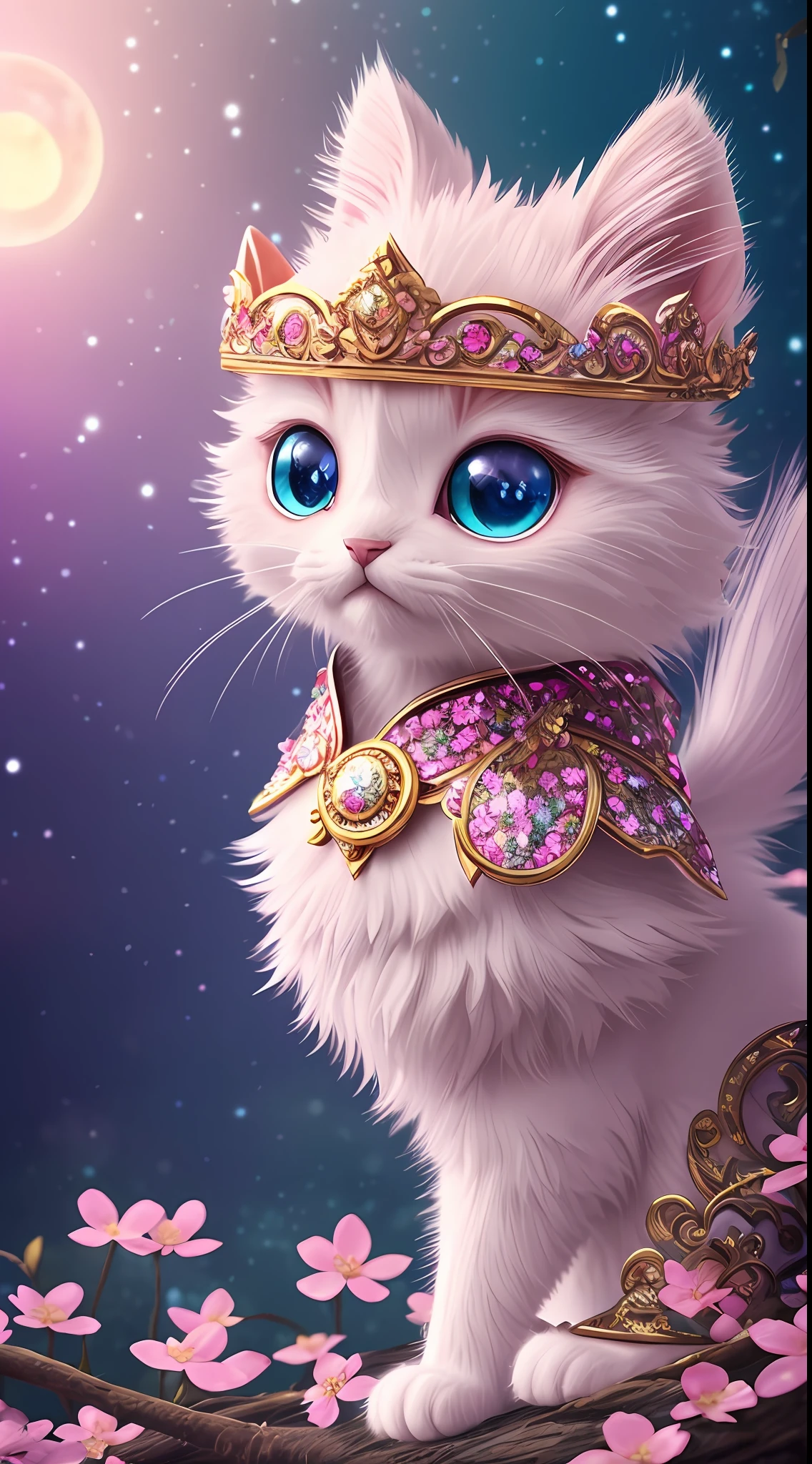 side view, oversaturate, colorfully, Fairytale, dreamlike, Cinematic character render, oil painting, 3D, 8k resolution, sequins, glitter, sakura forest, moonlight, Close up Portrait adorable chibi kawaii anthropomorphic kitten king, Detailed eyes, large round reflective eyes,