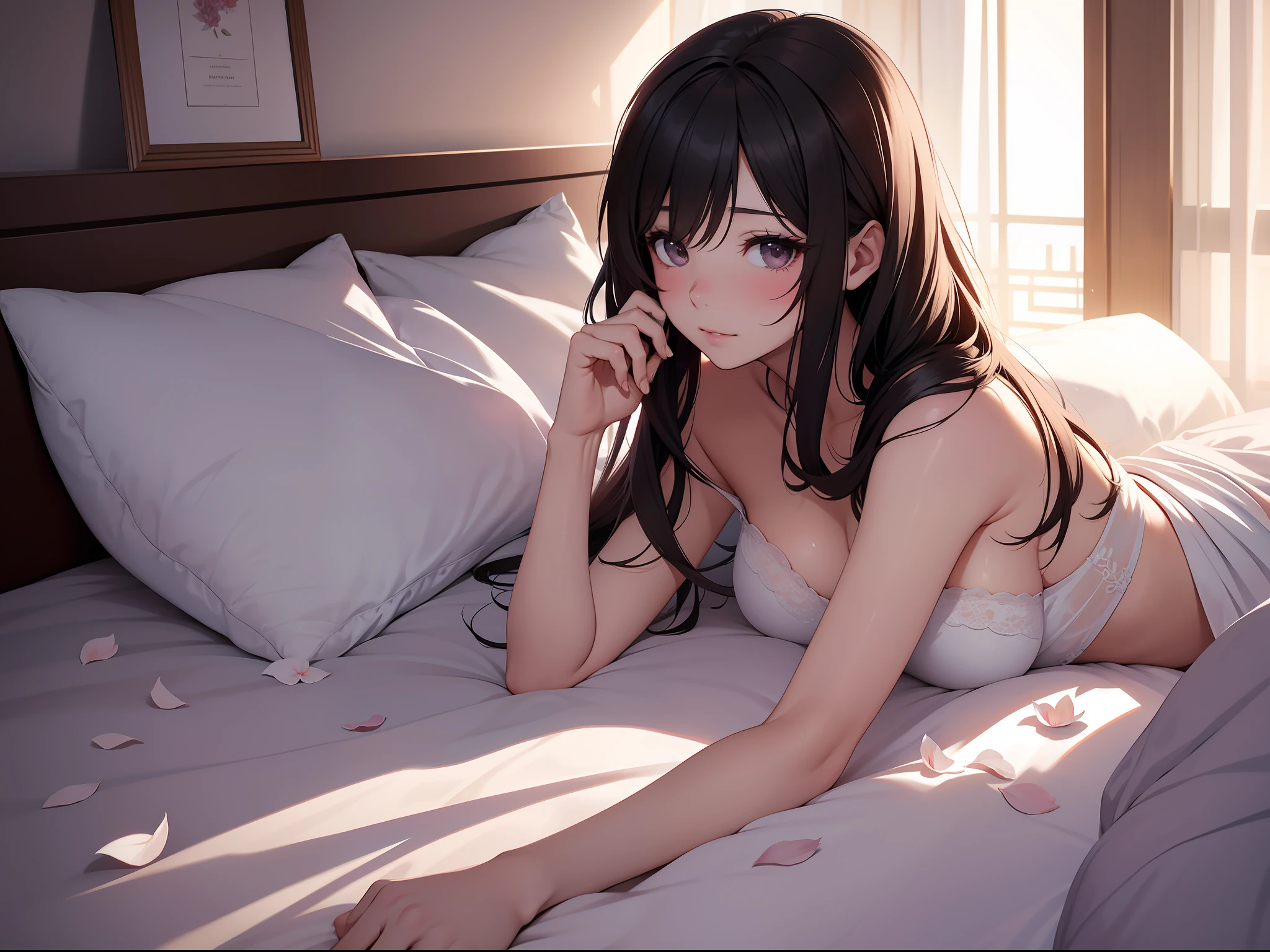 Lie down in bed,There are petals on the bed, WLOP and Sakimichan, Two beautiful girls, Kizi, pixiv 3dcg, Guweiz in Pixiv ArtStation, Guviz, Guweiz on ArtStation Pixiv, at pixiv, Best Rated on pixiv, 2 b, 2b