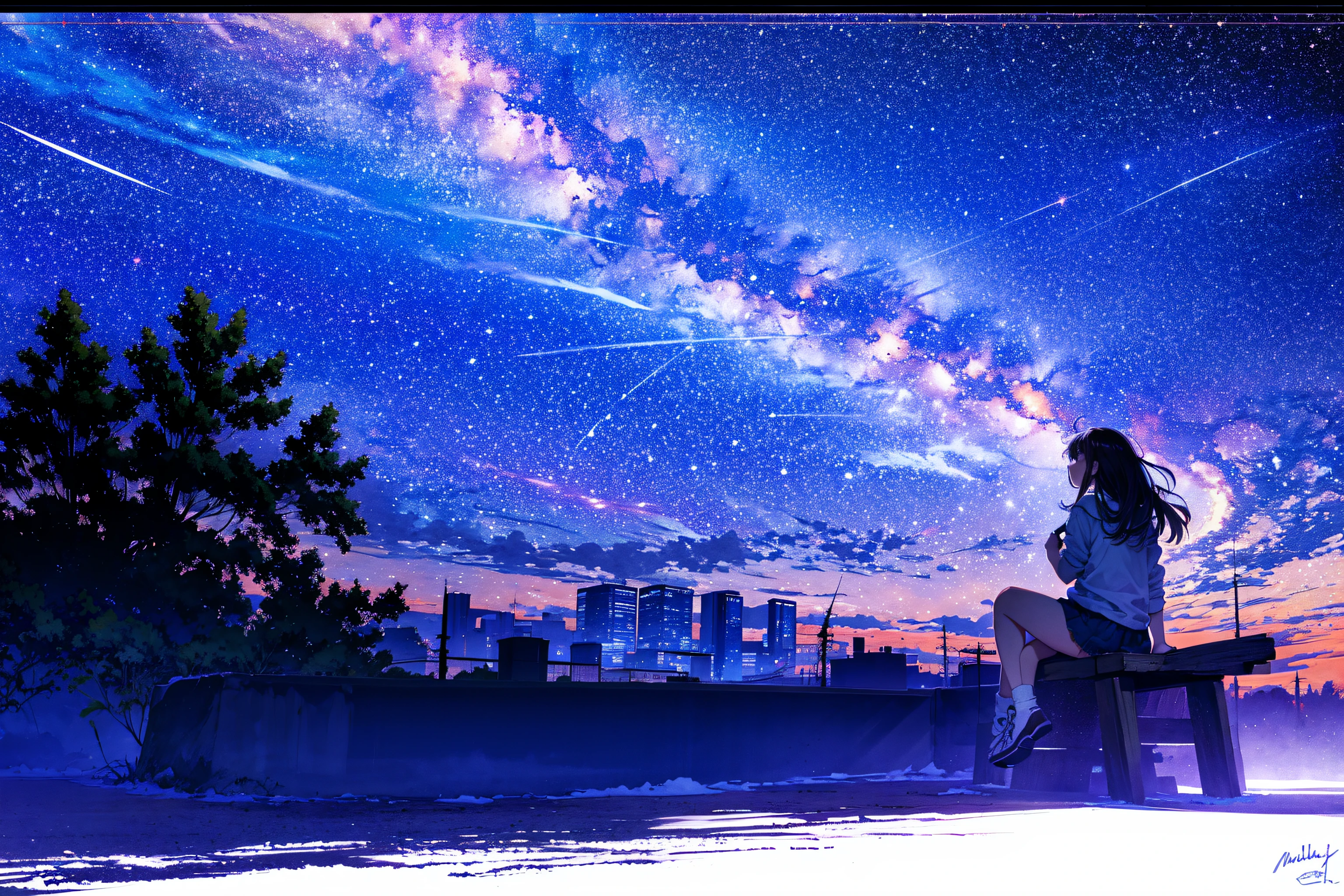 octans, sky, star (sky), scenery, starry sky, night, 1girl, night sky, solo, outdoors, signature, building, cloud, milky way, sitting, tree, long hair, city, silhouette, cityscape