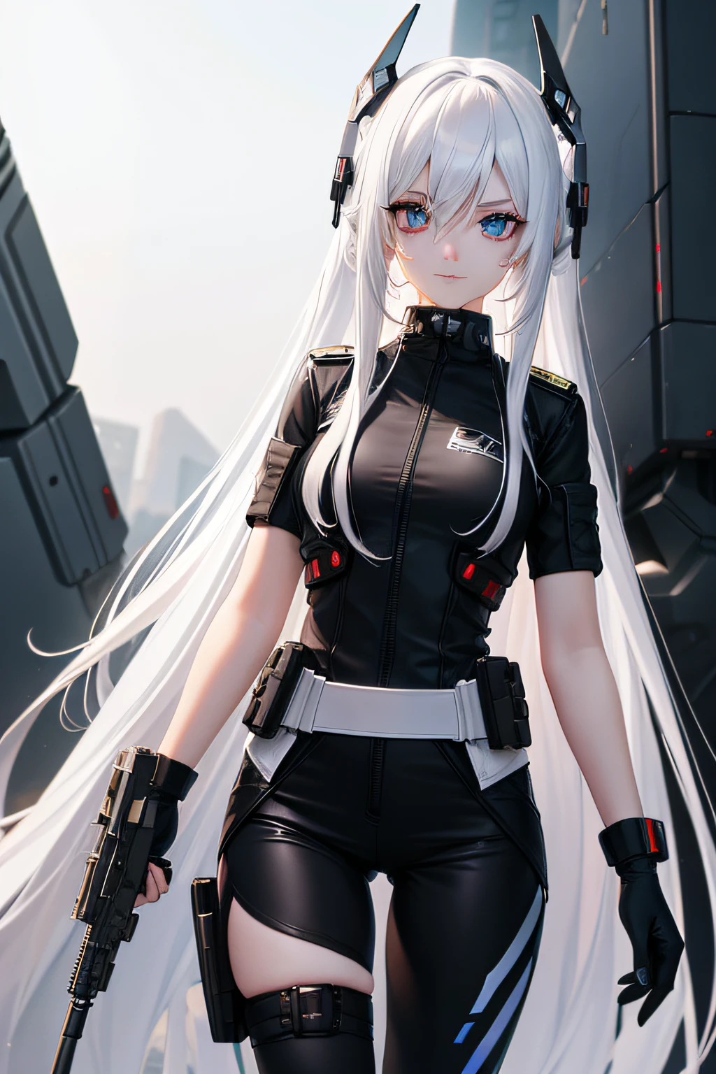 Sci-fi girl character design|Sci-fi guns|White sci-fi costume|Long white hair|blood color eyes,rebelliousness,A bad smile