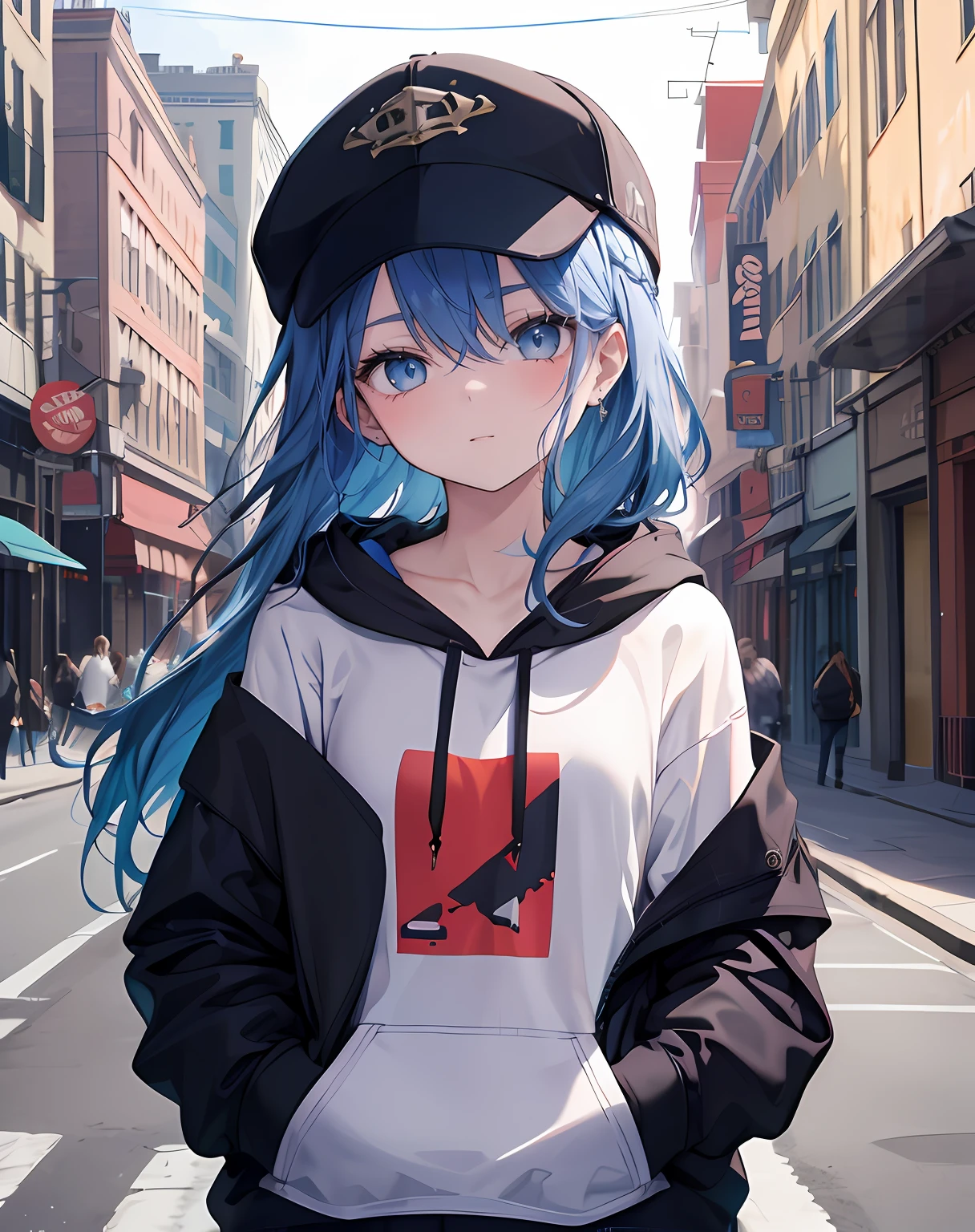 masterpiece,1girl,solo,long hair,blue hair,hoodie,off shoulder:1.2, mob cap, street,hand on hip, hand in pocket,