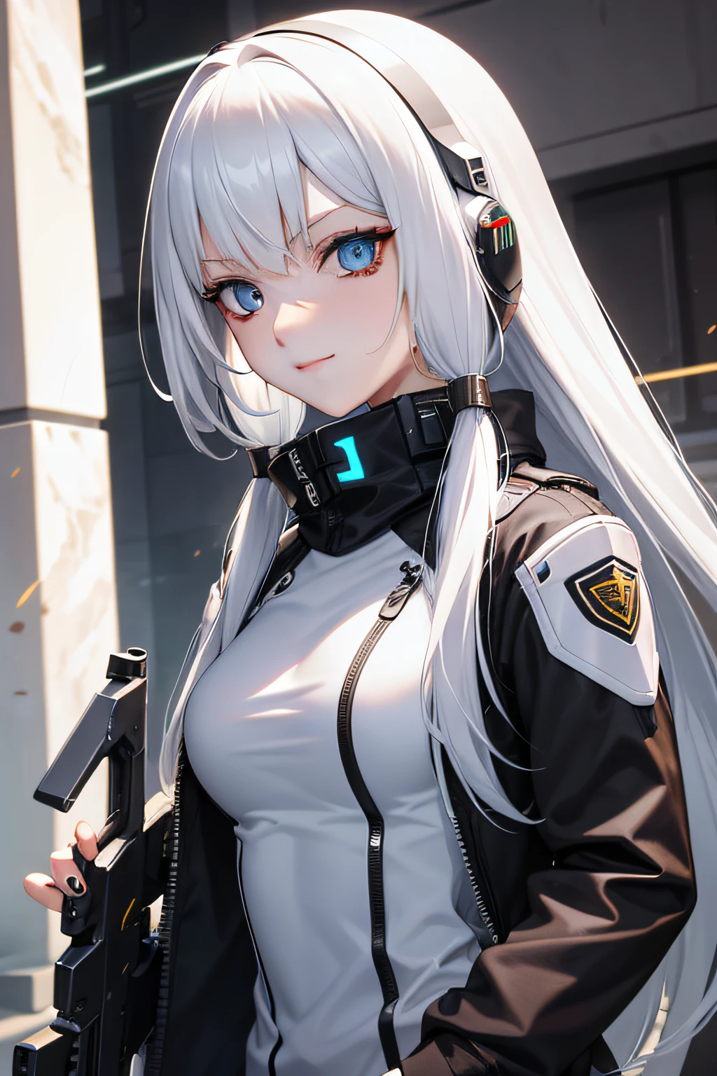 Sci-fi girl character design|Sci-fi guns|White sci-fi costume|Long white hair|blood color eyes，rebelliousness，A bad smile