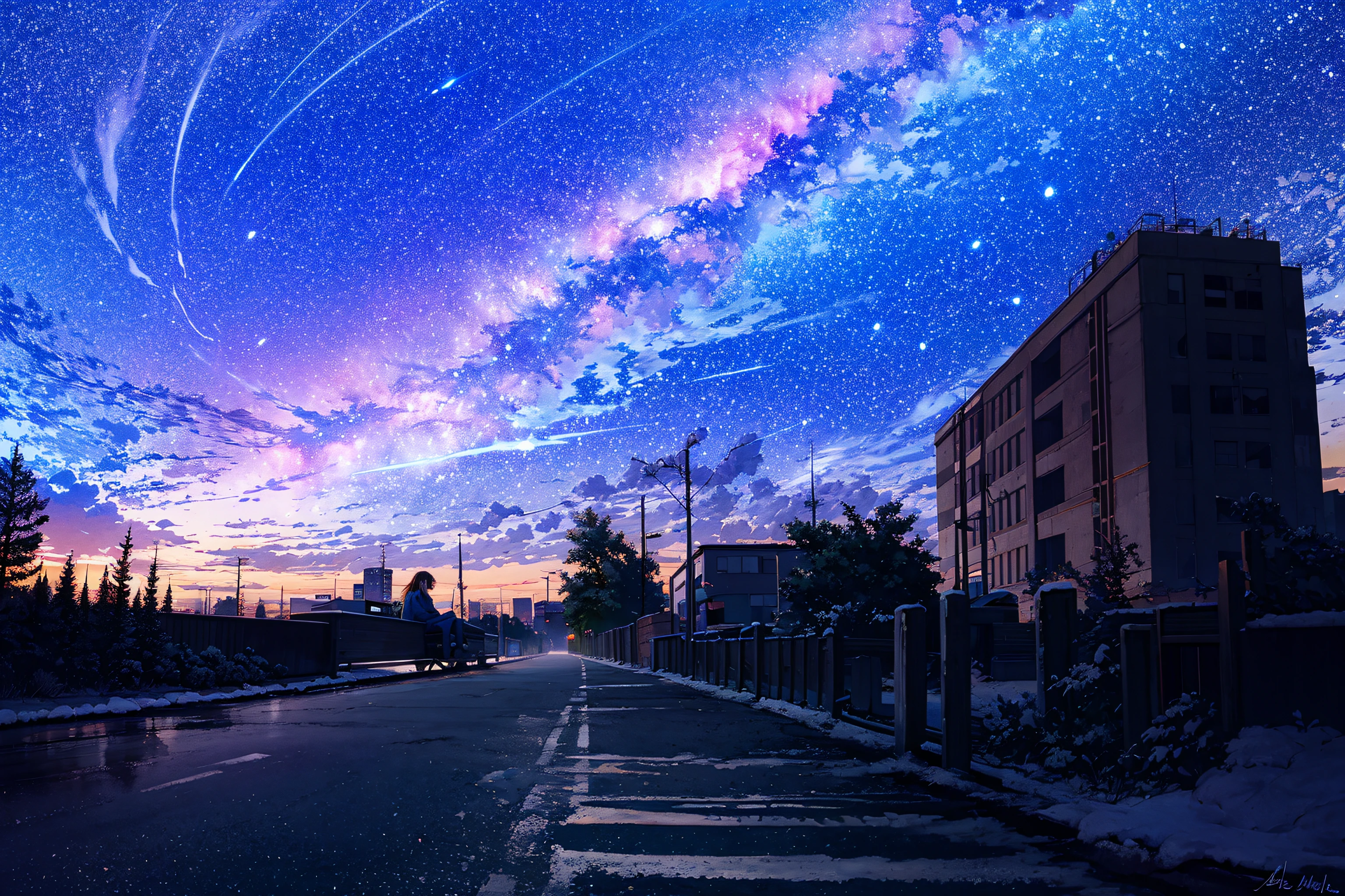 octans, sky, star (sky), scenery, starry sky, night, 1girl, night sky, solo, outdoors, signature, building, cloud, milky way, sitting, tree, long hair, city, silhouette, cityscape