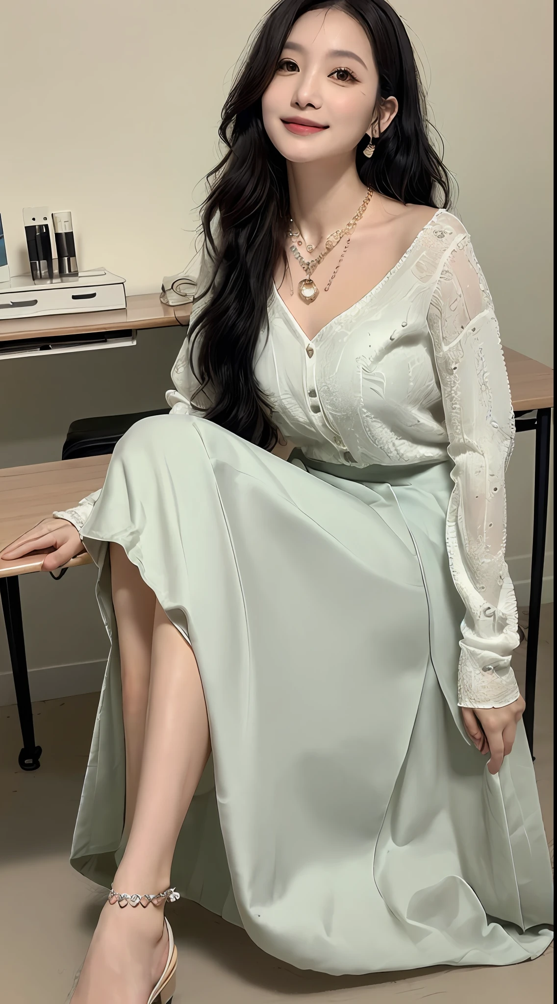 ((top-quality、8K、​masterpiece:1.3))、((1womanl))、((A Japanese Lady))、((A MILF))、((45 yers old))、((slim figure))、((Female Ophthalmologist))、((Detailed eye examination room))、((a desk))、((Sitting on an office chair))、((beautifully detailed hair))、((Black hair Long hair))、((Extraordinary beauty))、((Beautiful and ultra-detailed face))、((kindly smile))、((Detailed lab coat))、((Beautiful and detailed scruff))、((Detailed necklace))、((Beautiful and detailed hands))、((Detailed long skirt))、((Flipping up a long skirt))、((Beautiful legs peeking out from a long skirt))、((Detailed anklet))