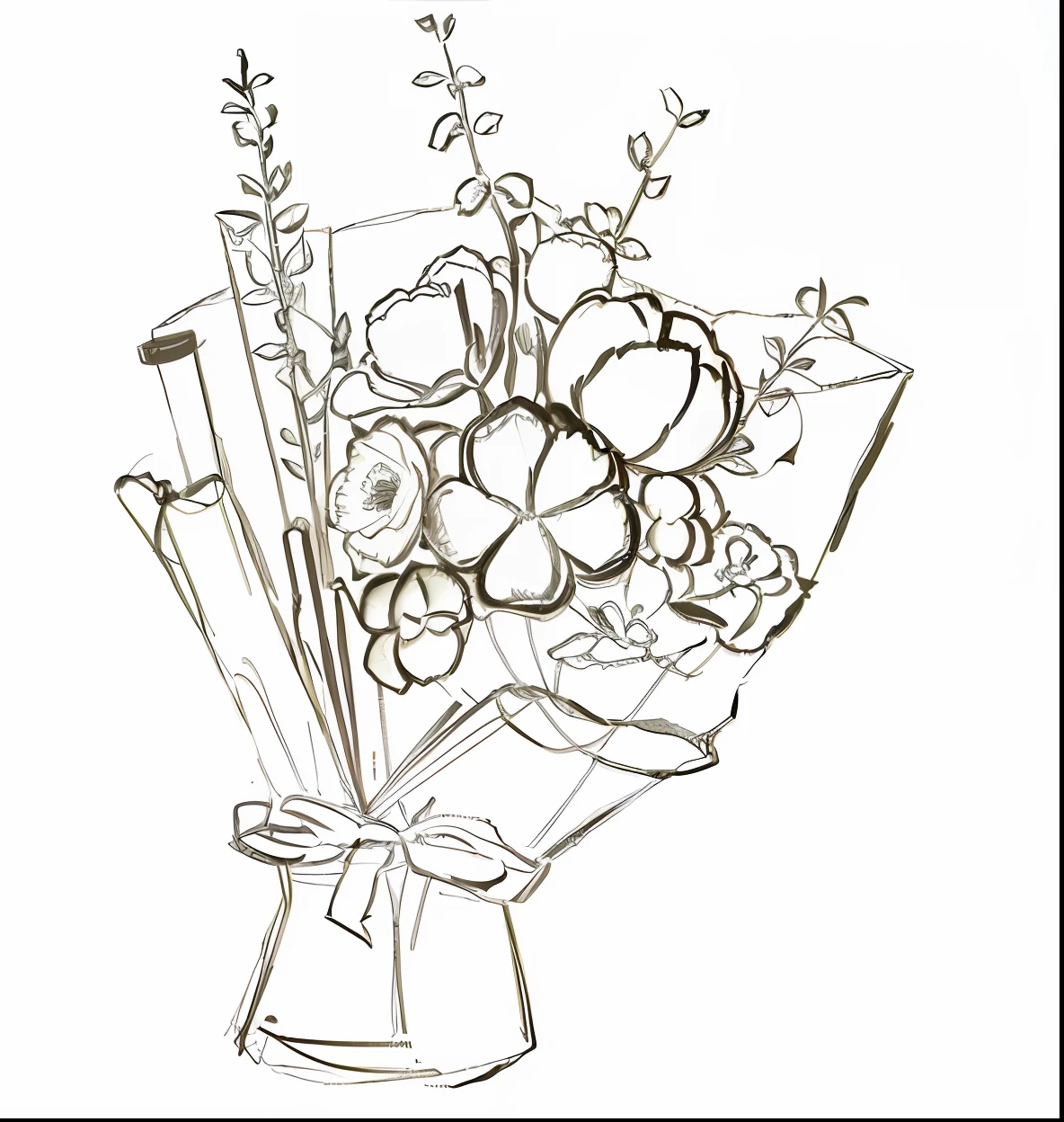 Draw a bouquet of flowers with pencils and pens, flowers and stems, flower bouquet, Line sketch, professional sketch, inspired by François Boquet, stylized linework, heavily stylized, Holding flowers, Bouquet, simple stylized, detailed flowers, sketch black and white colors, Outline sketch, line art colouring page, floating bouquets, With flowers