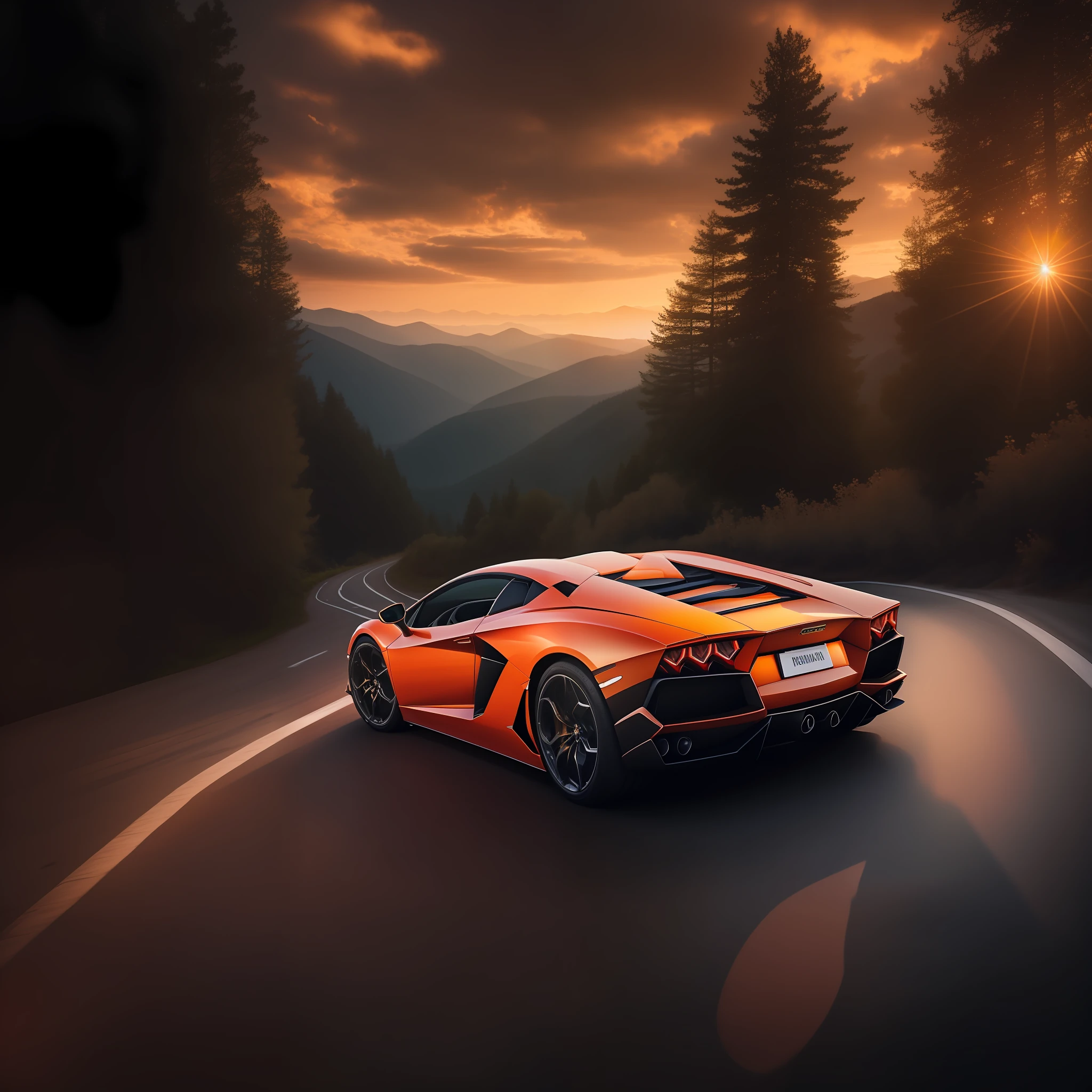 A stunning image of a luxurious Lamborghini Aventador racing down a mountain road, showcasing the cutting-edge technology and sophistication of its design. The car's high-performance, aerodynamic design and aerodynamics are captured beautifully, with the sunlightprovided by the setting sun illuminating the vehicle and creating a serene atmosphere. In the foreground, the sunset casts a dreamy, ethereal glow on the mountain road, creating a sense of serenity and serenity in the ethereal, dreamlike world of a high-performance sports car. wide-angle lens, soft lighting, high contrast