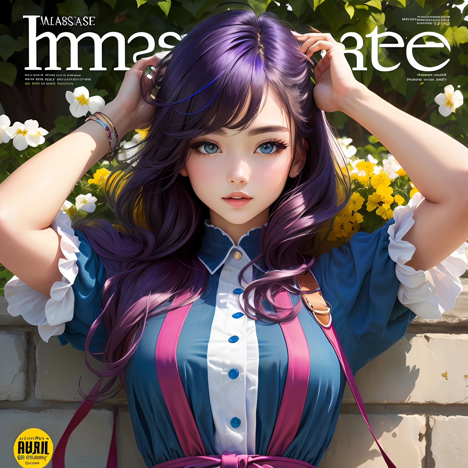 Masterpiece, Best quality, spring outfit, Colorful hair, Outdoor, MagazineCover,Upper body