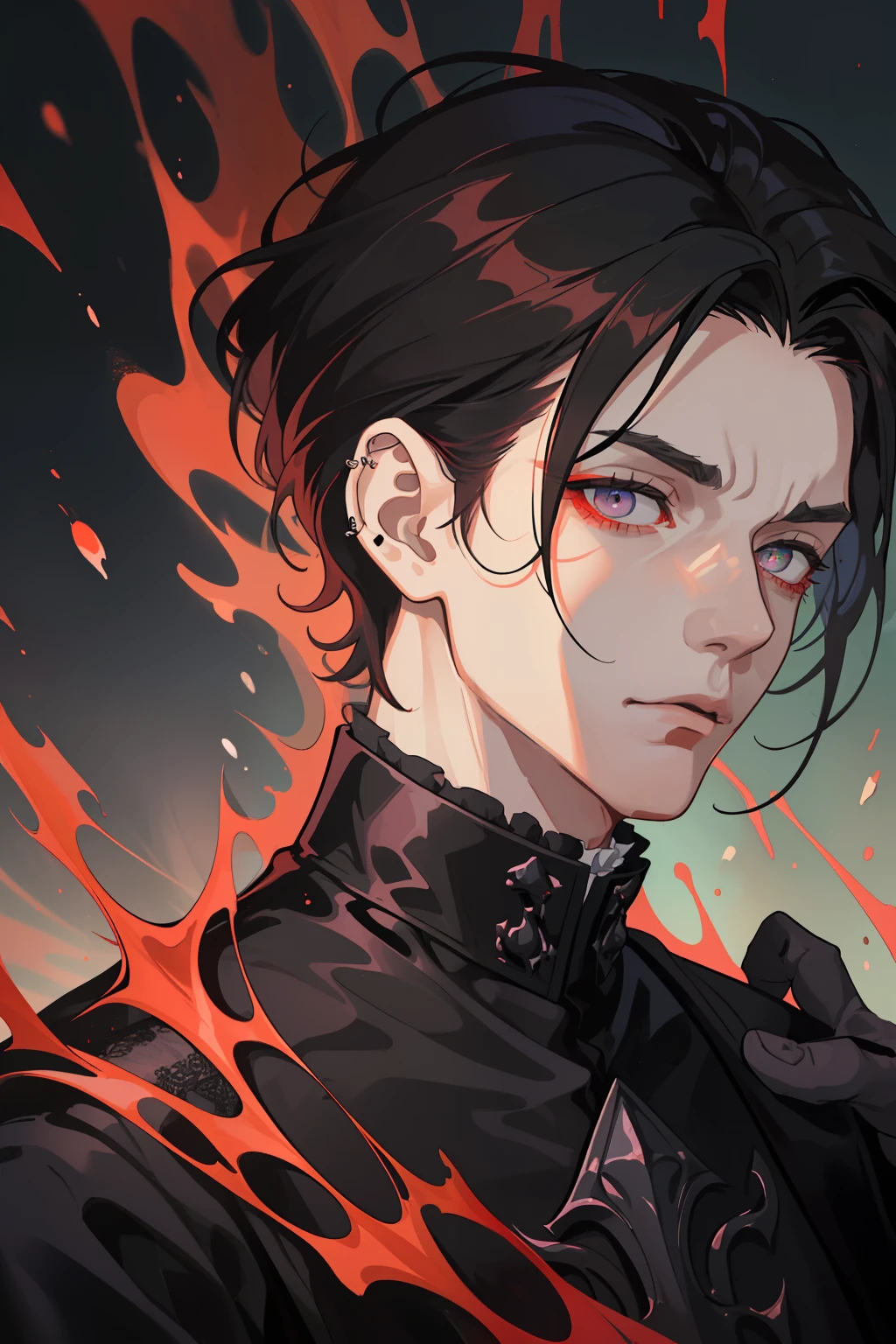 Tall man. A mysterious and dark character, whose presence exudes an ominous aura. It has a black color, As a resin, hairsh, piercing redness of the eyes, debilitating scarlet glow;. Men's clothing of the 18th century, black with scarlet inserts. Who carried out the order to kill an influential person. He has a blade in his hands, sprinkled with fresh blood;. s face, that does not express emotions.