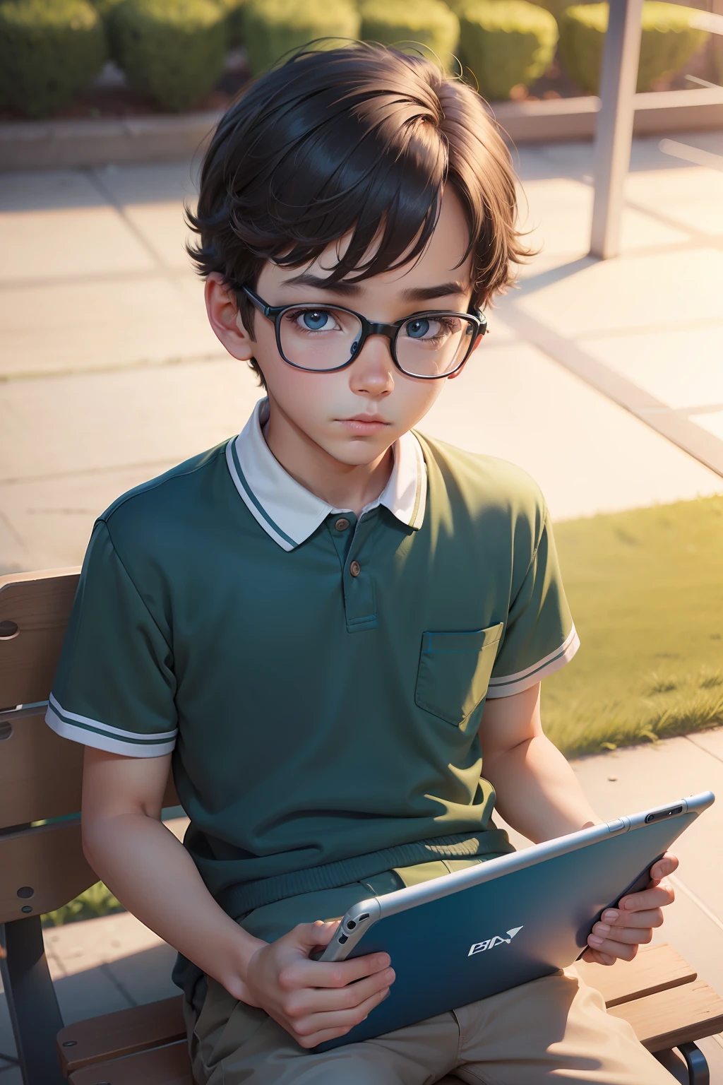 Estilo Pixar. A very handsome boy with a tablet in his hand sitting in a school playground area looking at the tablet. The illustration is a high definition illustration in 4K resolution with highly detailed facial features and cartoon style, corpo inteiro, Visuais de corpo inteiro.