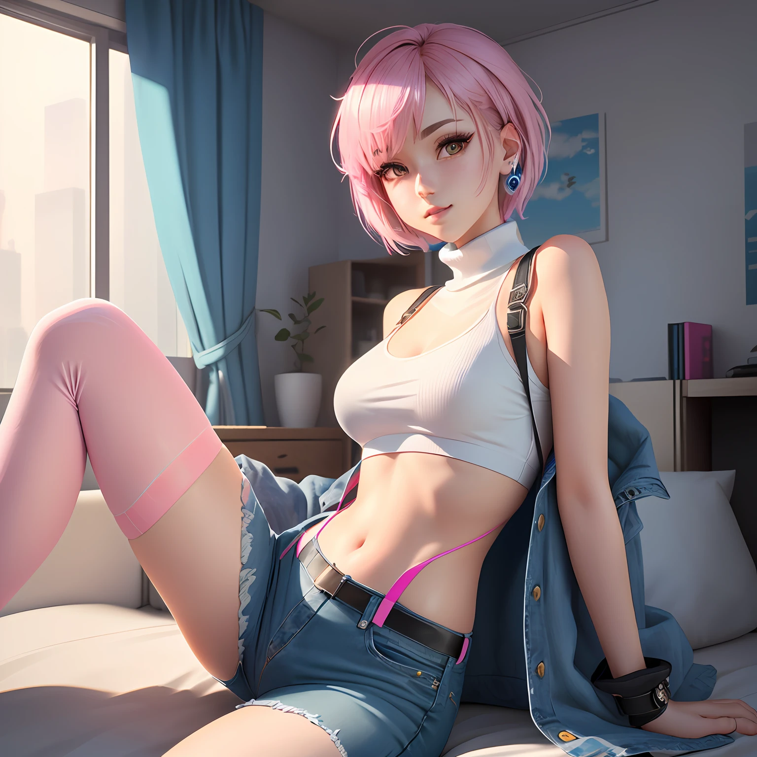 A man in blue jeans and pale blue pile of stockings and a pink-pink suspender inside is a close-up of a blue turtleneck sleeveless vest,Girl with short white hair and blue jewels,leeloo outfit,trending on cgstation,Cyberpunk style ,Anime girl rendering,eighties pinup style, A cute 3D anime girl rendering, CGSesociety,trending at cgstation,Tifa she is the virtual idol Star Hitomi