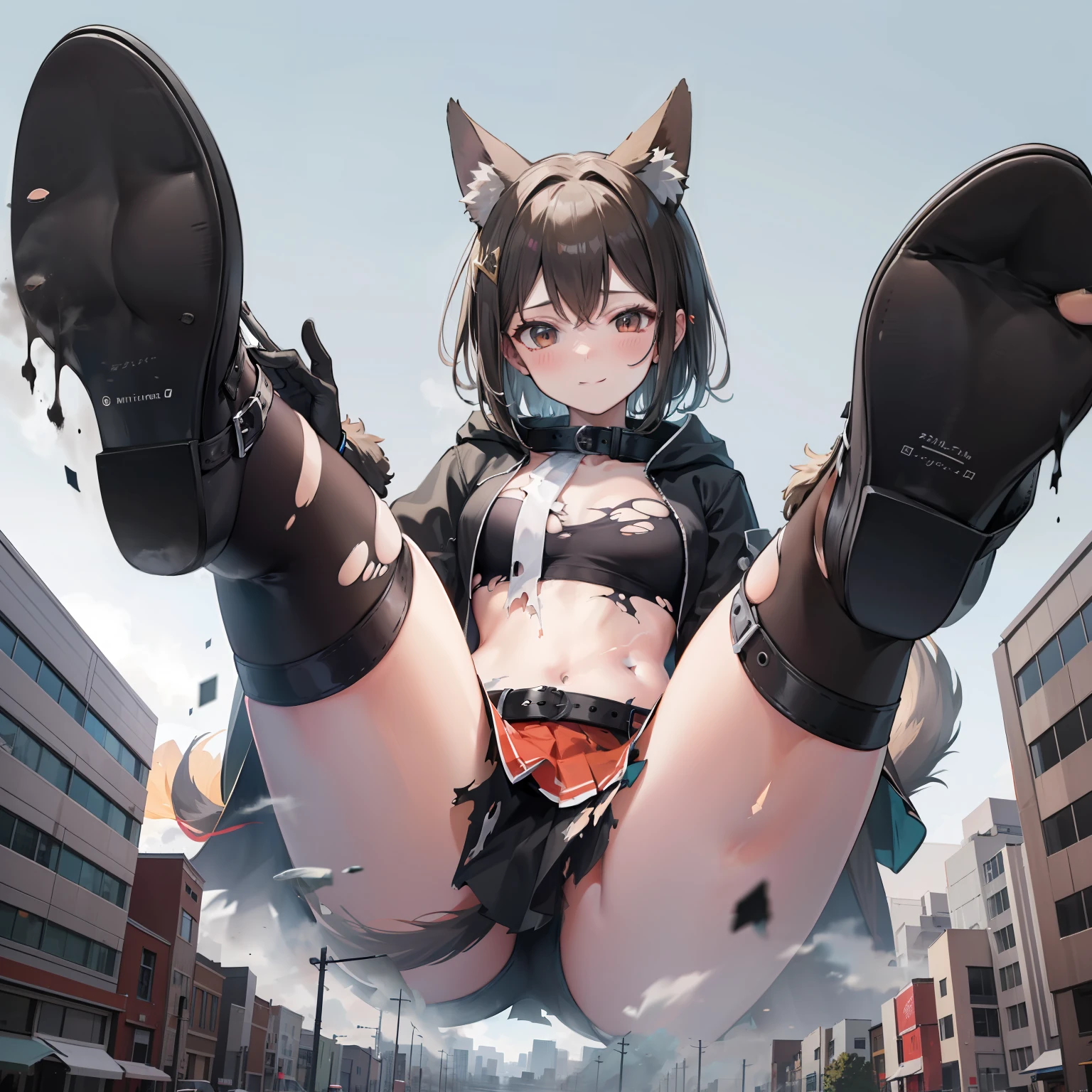 Best quality, 4K, ((Masterpiece)), Extremely detailed, 8K, trending on artstationh, Intricate, High detail, Clear focus
1 girl, Solo, Animal ears, Brown hair, upper legs, Skirt, Tail, navel, Smile, Torn clothes, mitts, midriff, view the viewer, Medium breasts, black thighhigns, Blush, Red skirt, belt, Brown eyes, Collar, torn thighhighs, Miniskirt, Black gloves, Closed mouth, Dog ears, Dog tail, Outdoors, Coat, Short hair, side split, Open clothes,Hood down,