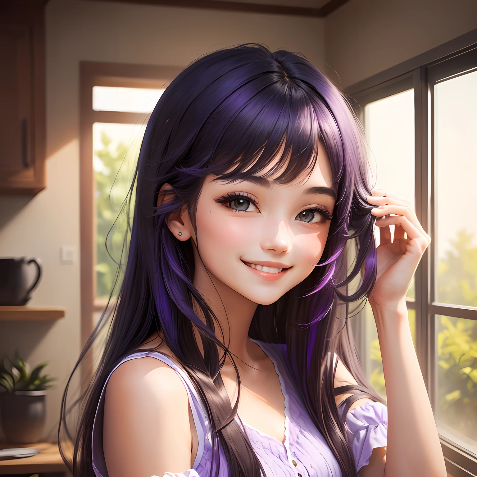 A girl with fluffy soft black long straight hair held a hair with a smile on her face, fluffy soft purple hair