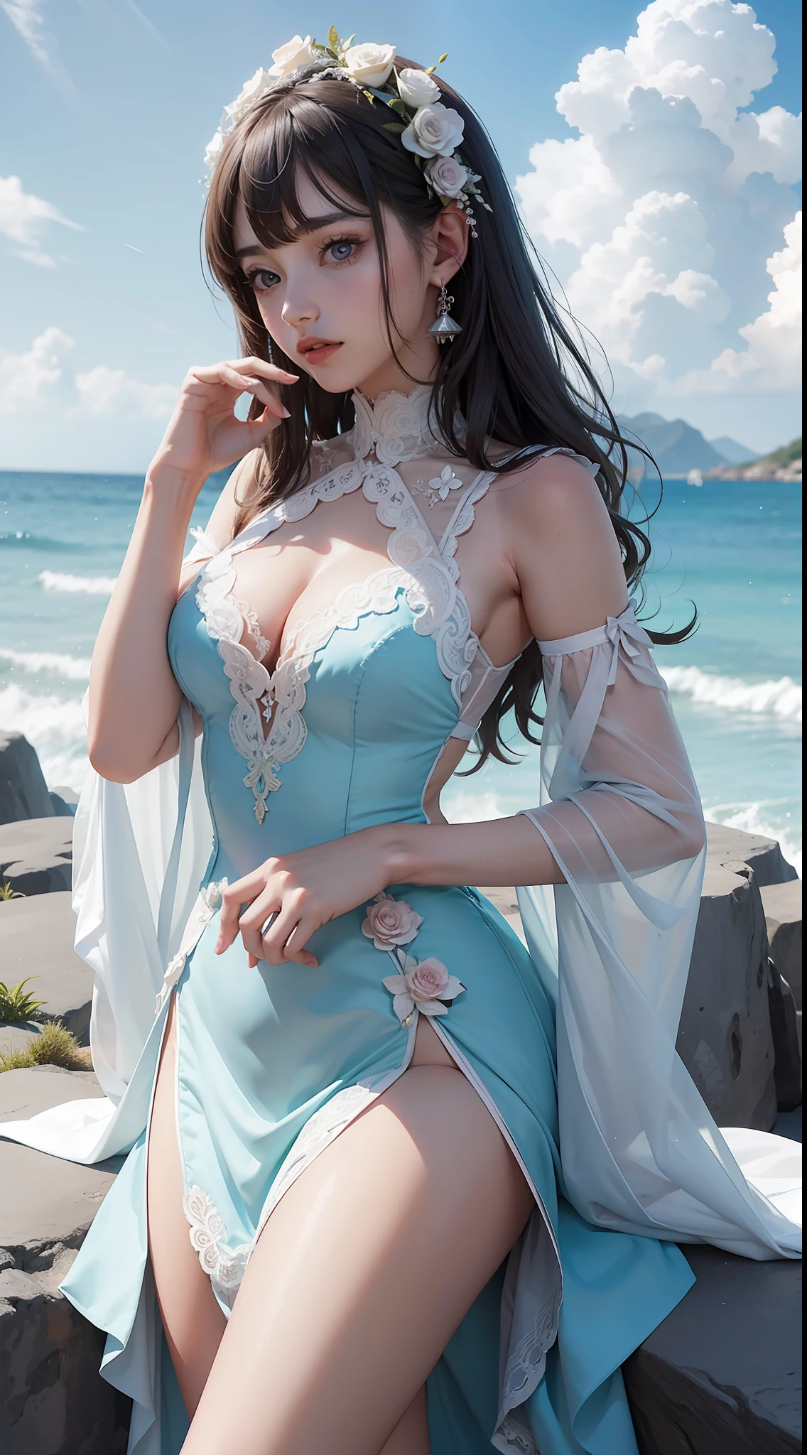 Obra maestra, Cuerpo Completo, Mujer anime, Vestido ta Pomposo, encaje, volantes, estampado de vaca, rosa, turquesa, celeste, Fondo de pantalla 8K