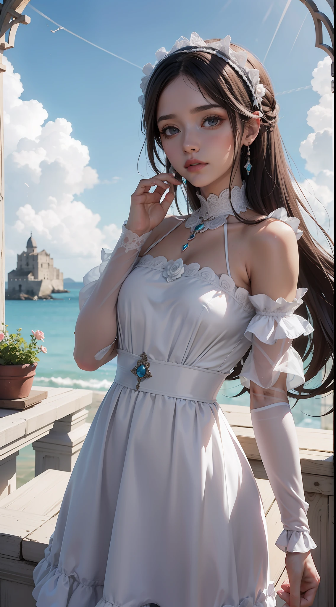 Obra maestra, Cuerpo Completo, Mujer anime, Vestido Lolita Pomposo, encaje, volantes, estampado de vaca, rosa, turquesa, celeste, Fondo de pantalla 8K