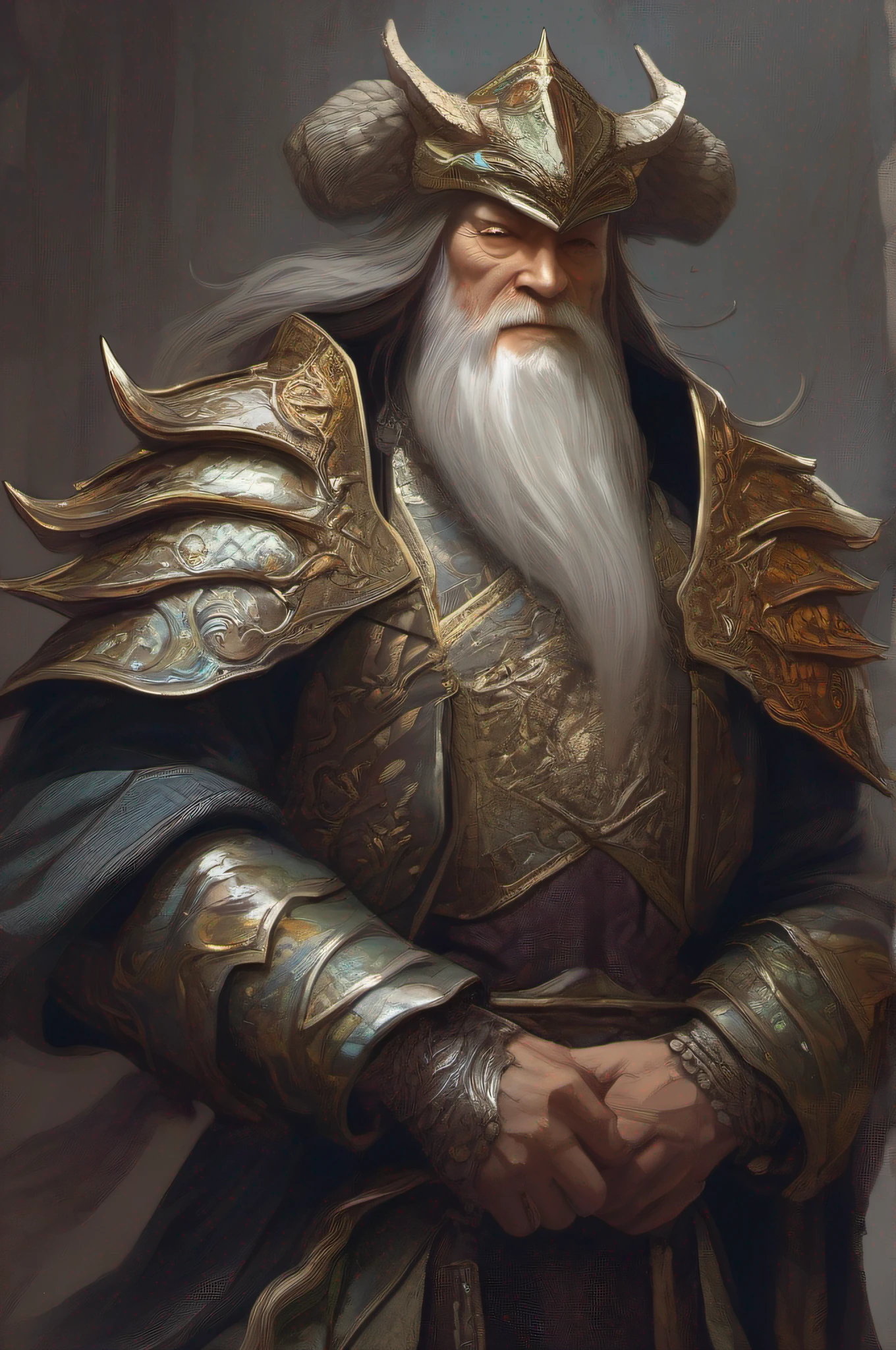 Man，dumbledore，a old man，Big chest，wearing an outfit,He wears Chinese dragon armor，Wearing a crocodile head hat,muscle men