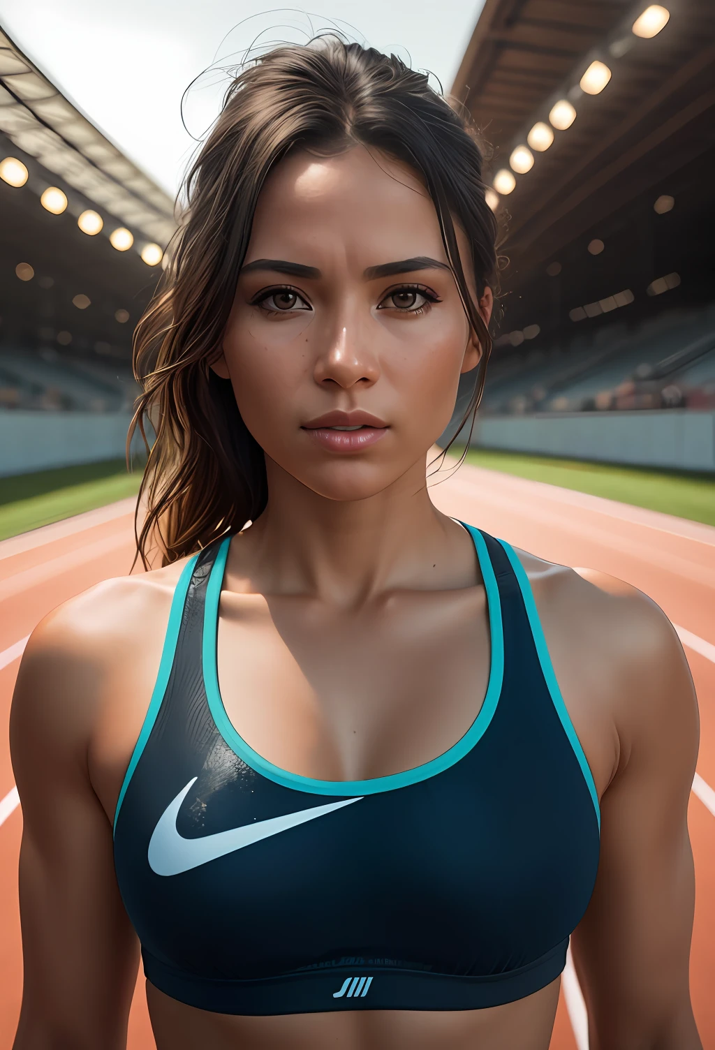 beautiful mature college girl, in track outfit, outside on track field, ((slim, petite)), photorealistic, photo, masterpiece, realistic, realism, photorealism, high contrast, photorealistic digital art trending on Artstation 8k HD high definition detailed realistic, detailed, skin texture, hyper detailed, realistic skin texture, armature, best quality, ultra high res, (photorealistic:1.4),, high resolution, detailed, raw photo, sharp re, by lee jeffries nikon d850 film stock photograph 4 kodak portra 400 camera f1.6 lens rich colors hyper realistic lifelike texture dramatic lighting unrealengine trending on artstation cinestill 800,