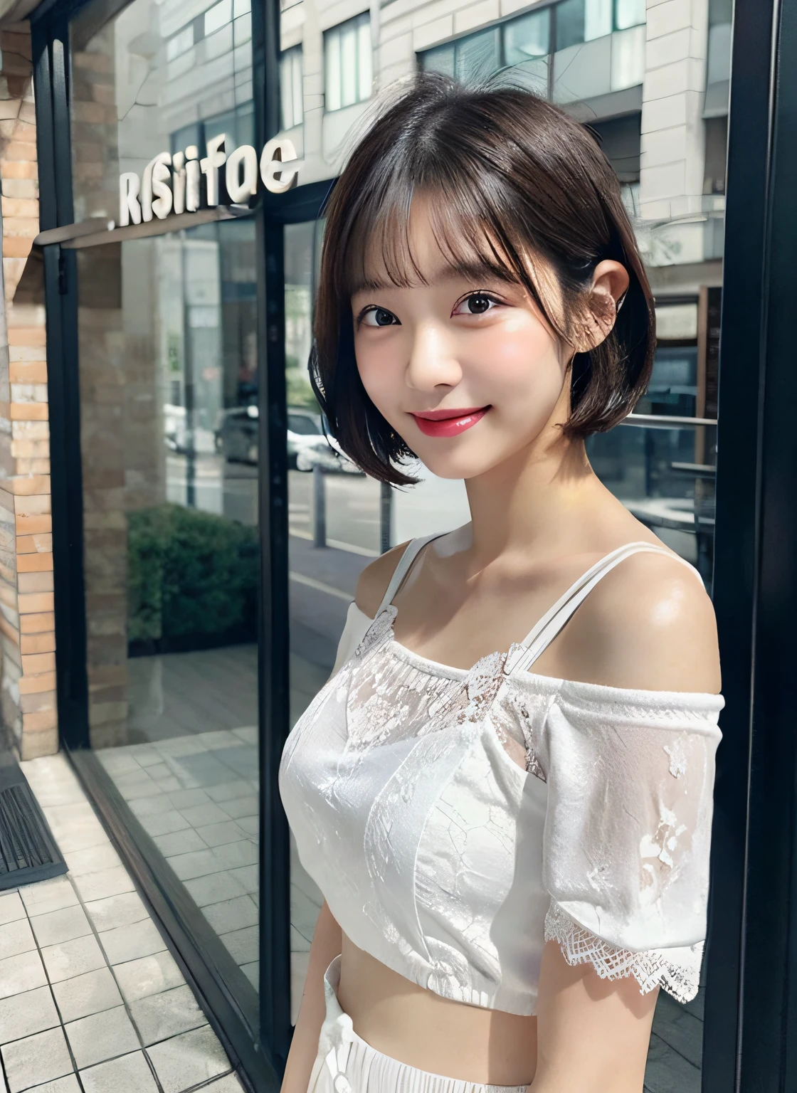 (8k、top-quality、masterpiece:1.2)、(realisitic、Photorealsitic:1.37)、ultra-detailliert、 1 人、cute little、soio、Beautiful detailed sky、Detailed Cafe、natta、sitting on、date、(Nasal blush)、 (a smile:1.15),(Closed)small tits,Beautiful fineness,(Underwear:1.1),natta,Wet,Business Wear,Sateen,White lace,(short-hair:1.2),Floating Hair NovaFrogStyle,