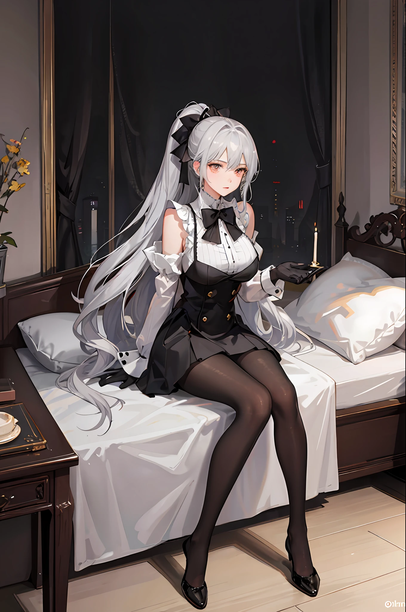 (((1个Giant Breast Girl)),Ray traching,(dim murky lights),[detailedbackground(Bedrooms)),((Silvery hair)),((Silvery hair)),(((((Fluffy silver hair,plump and slender girl))Wears a high ponytail)))Avoid golden eyes in the ominous bedroom((((Girl wearing intricately embroidered black high-waisted pants with pantyhose)There are also white ruffled bow gloves),It shows a delicate and slender figure and beautiful curves,Correct limbs,sit on a bed,Hundred wrinkle skirt