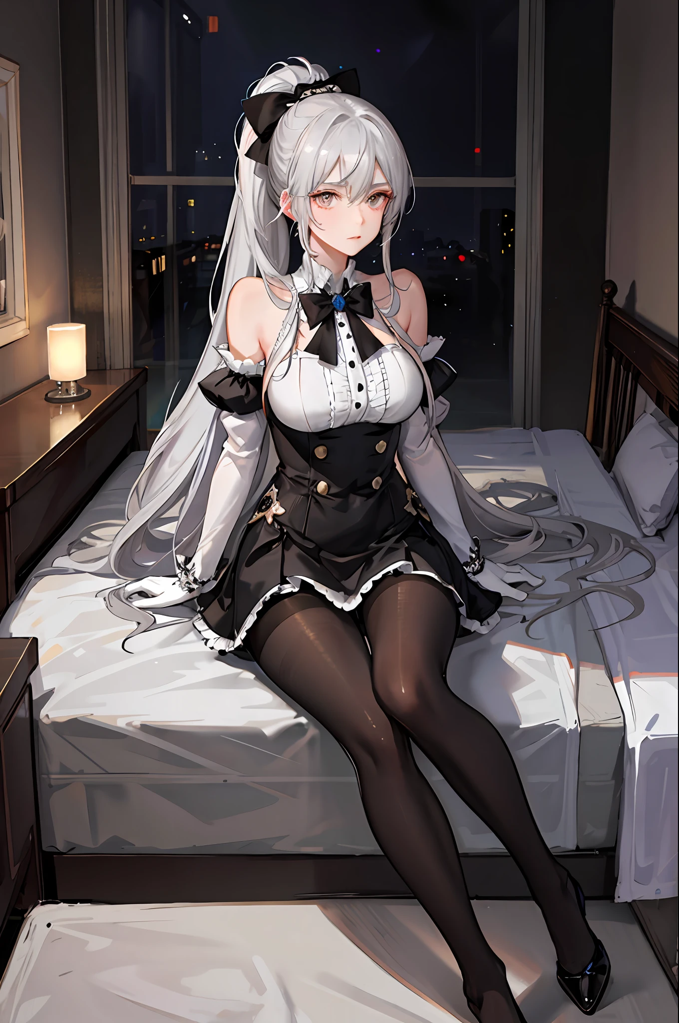 (((1个Giant Breast Girl)),Ray traching,(dim murky lights),[detailedbackground(Bedrooms)),((Silvery hair)),((Silvery hair)),(((((Fluffy silver hair,plump and slender girl))Wears a high ponytail)))Avoid golden eyes in the ominous bedroom((((Girl wearing intricately embroidered black high-waisted pants with pantyhose)There are also white ruffled bow gloves),It shows a delicate and slender figure and beautiful curves,Correct limbs,sit on a bed,Hundred wrinkle skirt