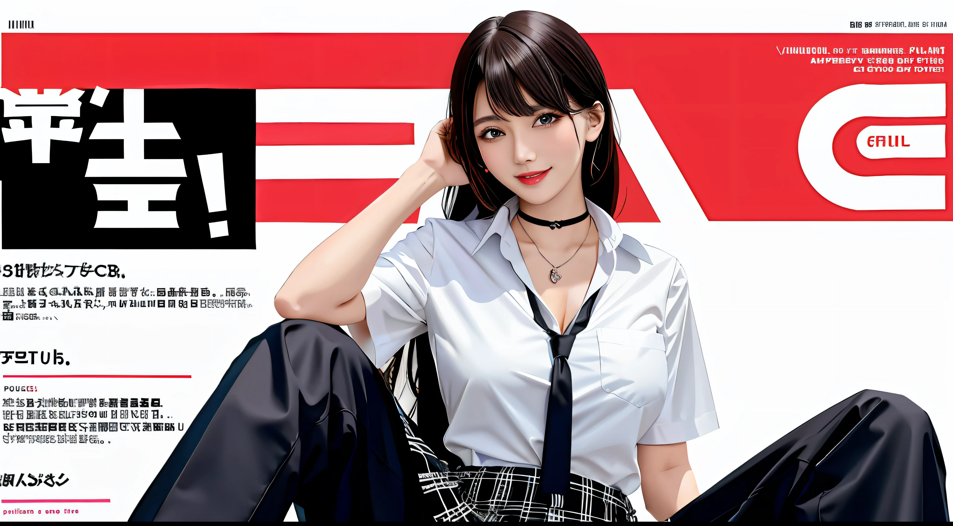 masterpiece, best quality, full body, 1girl, bangs, black choker, black necktie, black hair, blue skirt, blush, bracelet, breasts, choker, clothes around waist, collarbone, collared shirt, cowboy shot, dress shirt, ear piercing, eyebrows visible through hair, gradient hair, grin, gyaru, jewelry, kogal, long hair, looking at viewer, loose necktie, necktie, piercing, plaid, plaid skirt, pleated skirt, red eyes, ring, school uniform, shirt, skirt, smile, solo, white shirt, street, sky, cherry blossoms, petals,illustration, (magazine:1.3), (cover-style:1.3), fashionable, woman, vibrant, outfit, posing, front, colorful, dynamic, background, elements, confident, expression, holding, statement, accessory, majestic, coiled, around, touch, scene, text, cover, bold, attention-grabbing, title, stylish, font, catchy, headline, larger, striking, modern, trendy, focus, fashion,