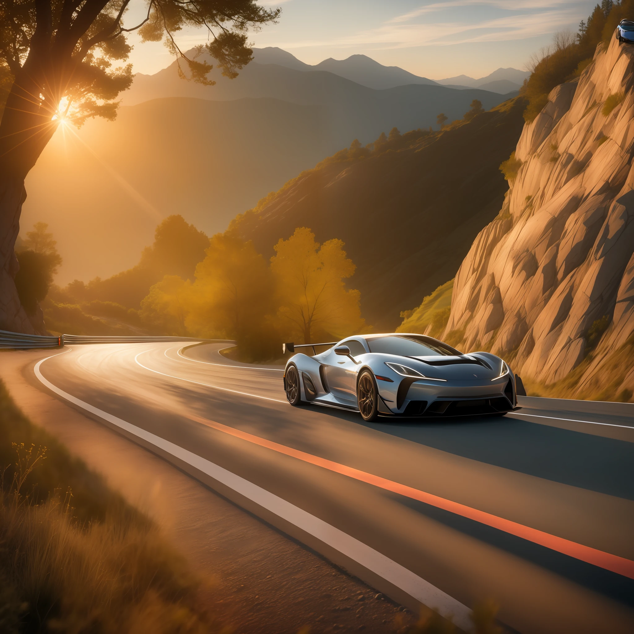 A stunning image of a luxurious sports car racing down a mountain road, showcasing the cutting-edge technology and sophistication of its design. The car's high-performance, aerodynamic design and aerodynamics are captured beautifully, with the sunlightprovided by the setting sun illuminating the vehicle and creating a serene atmosphere. In the foreground, the sunset casts a dreamy, ethereal glow on the mountain road, creating a sense of serenity and serenity in the ethereal, dreamlike world of a high-performance sports car. wide-angle lens, soft lighting, high contrast