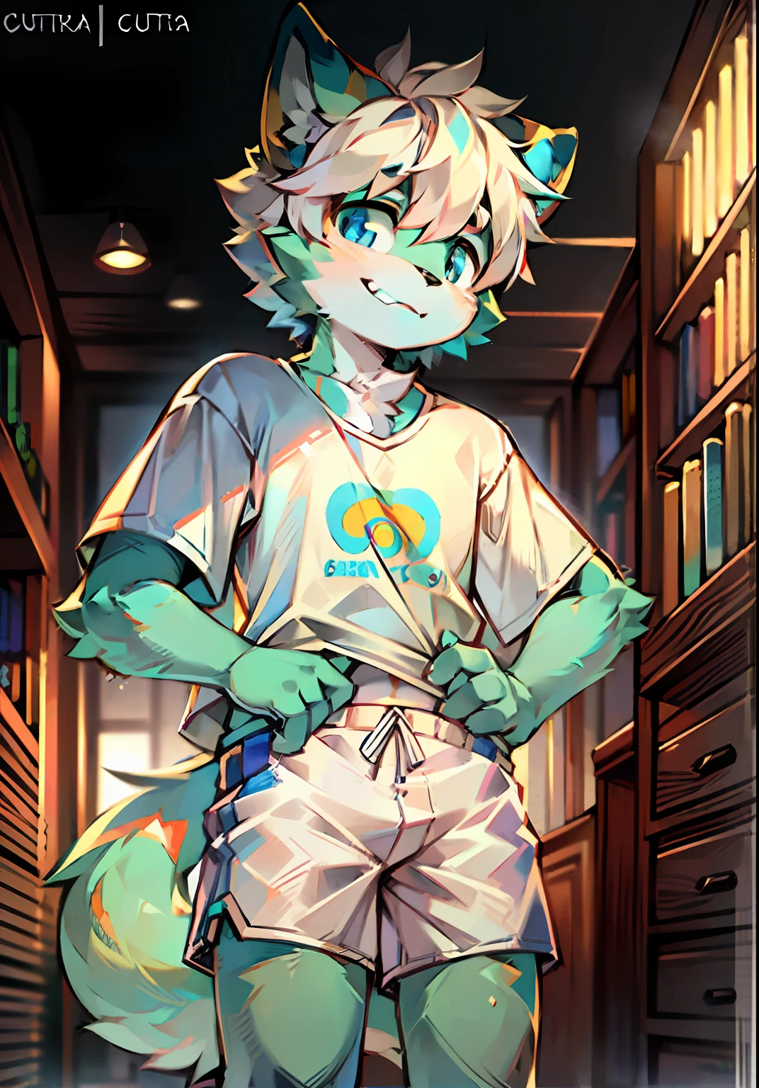 eyes with brightness, in a panoramic view, Character Focus Solo, shaggy, Furry male cat, Male green fur, blue color eyes, White color hair(Curta），Wear white shorts and shorts，CasualClothing，Young style，height of one meter seven，Handsome， There is a green tail，