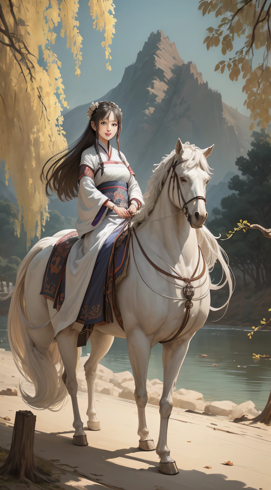 White Shuk Walking Horse, Negative Space, Sunglasses, Standing Female Statue, Willow Branch, (Masterpiece, Best Quality:1.2), Chinese Painting, Model Style, Peace, (smile), Looking at the audience, Wearing long Hanfu, Hanfu, song, willow tree in background, Wuchang Shuo, on the top of the mountain,