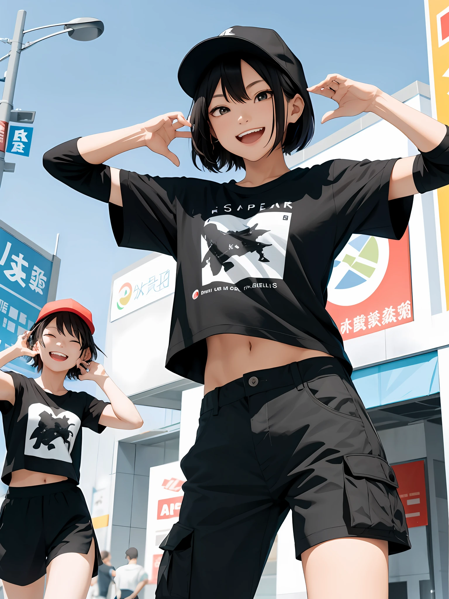 tmasterpiece，HighestQuali，one-girl，Above your head is a dialog box（'123'）, Pose(Lift with one arm + cheerfulness), Inspired by the China Expo Park, raise both arms, inspired by Saneatsu Mushanokōji, pudica pose gesture, triumphant pose，Black cap，shoulder-length short hair，Black loose short-sleeved T-shirt，Black cargo pants，Laugh happily