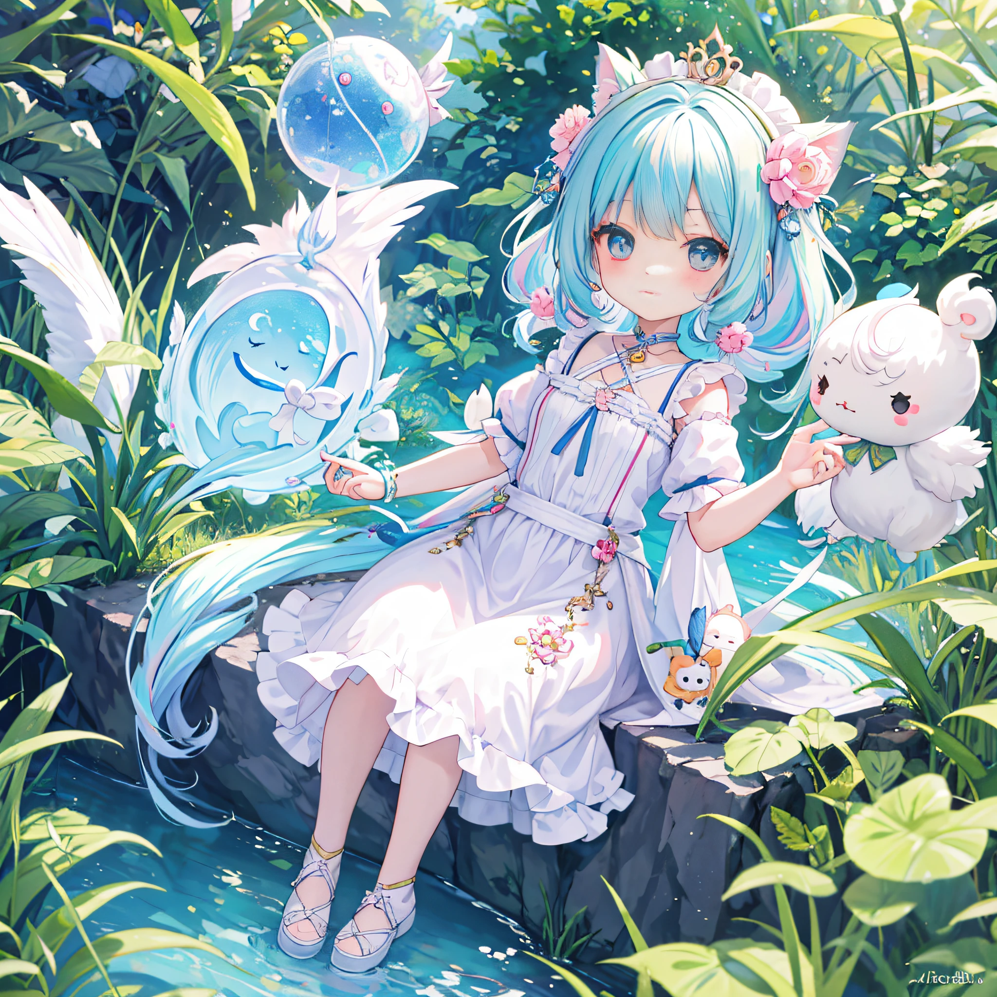 （（a sticker：1.5）））， （（Chibi Character））， （white backgrounid）， fluffly， girl with， Sorcerer's costume，  full body Esbian， Pastel Hair， Pastel colors hair， fairytale，  T-shirt design， tmasterpiece， best qualtiy，Shining eyes、cute little!!Chibi!!!,（Chibikyara）