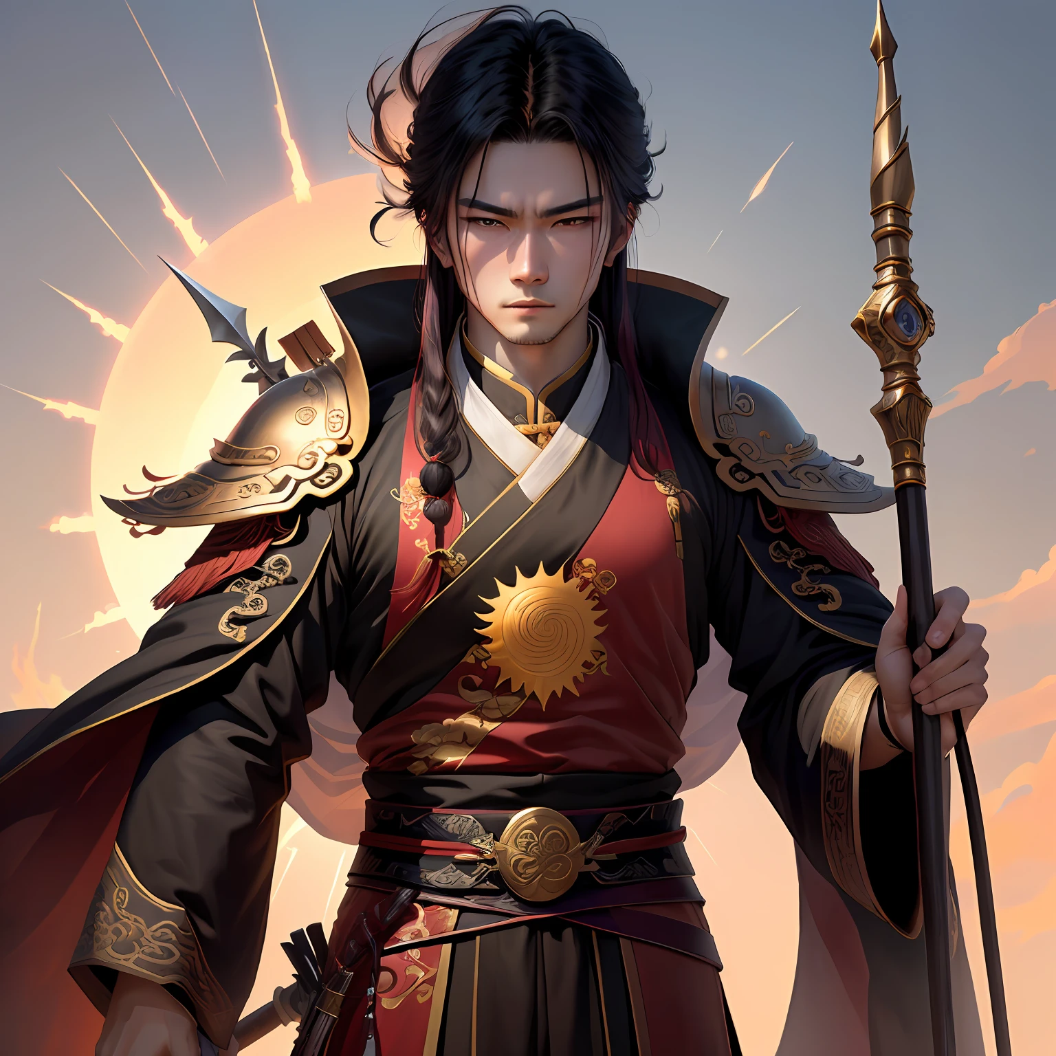 Young men，Bai Jing，full bodyesbian，scowling，sun background，holding a long spear，4k，A high resolution，tmasterpiece，best qualtiy，Clear focus，（电影灯光），鎖骨，[:(detail in face:1.2:0.2]