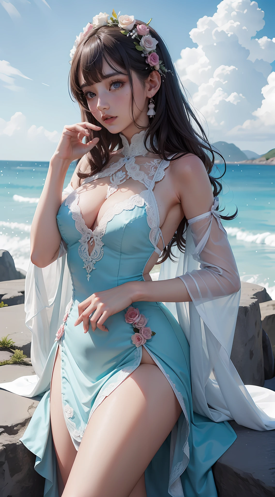 Obra maestra, Cuerpo Completo, Mujer anime, Vestido Pomposo ROSA, encaje, volantes, estampado de vaca, rosa, turquesa, celeste, Fondo de pantalla 8K