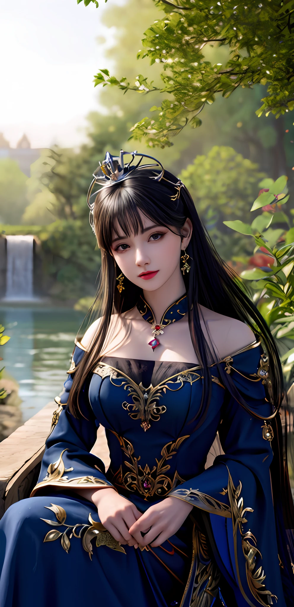 (realisticity: 1.2), best quality, 8K UHD, masterpiece, highres,cg,
1 super detailed girl, super detailed queen

, sitting on a super detailed royal throne, lud, xurious royal palace background, beautiful and detailed, super detailed long hair, wearing a beautiful and luxurious crown with diamonds and super detailed,

super detailed dress,
 solo, jewelry, super detailed red and blue dress, pretty face, beautiful, and super detailed, 

, earrings, super detailed hairdo, splashing, the upper body is very super detailed, super detailed hair bun, super detailed black hair,
lighting,candid,Photograph,high resolution,4k,8k,Bokeh,