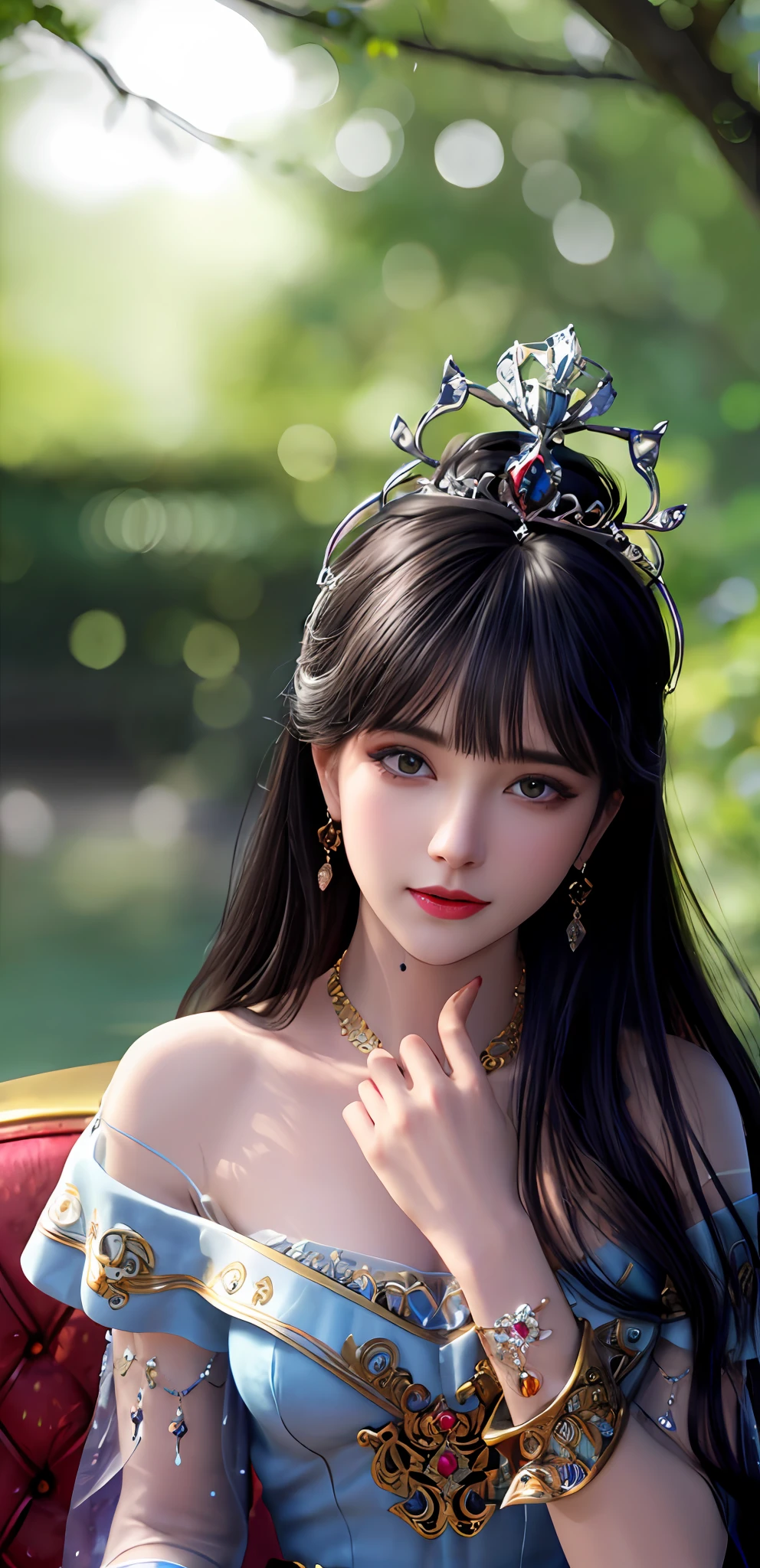 (realisticity: 1.2), best quality, 8K UHD, masterpiece, highres,cg,
1 super detailed girl, super detailed queen
, sitting on a super detailed royal throne, lud, xurious royal palace background, beautiful and detailed, super detailed long hair, wearing a beautiful and luxurious crown with diamonds and super detailed,
super detailed dress,
solo, jewelry, super detailed red and blue dress, pretty face, beautiful, and super detailed,
, earrings, super detailed hairdo, splashing, the upper body is very super detailed, super detailed hair bun, super detailed black hair,
lighting,candid,Photograph,high resolution,4k,8k,Bokeh,