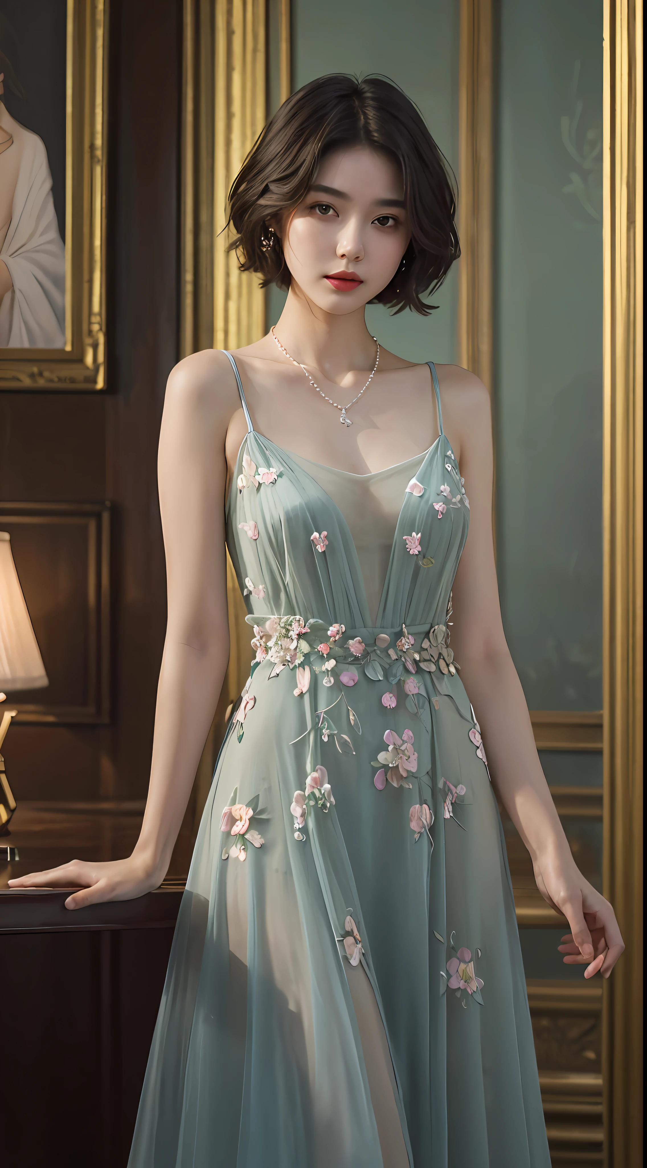 top-quality、masterpiece、超A high resolution、(Photorealsitic:1.5)、Raw foto、1girl in、murky、deep-shadows、Unobtrusive、cold light、sexy appearance、shorth hair、((very_short_hair))、((Luxury evening dresses))、((Luxurious painting))、((Luxurious necklace))、((Floral hair ornament))、((hair_ornament))