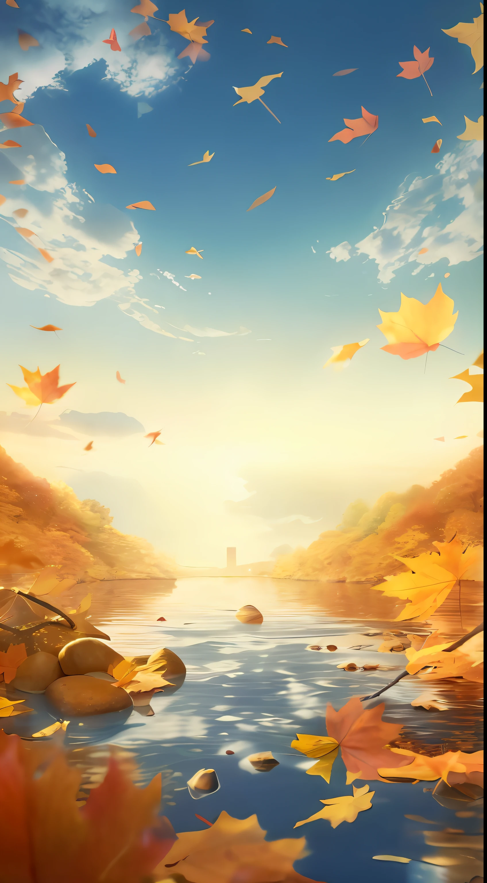 Autumn leaves fly over the river in sky background, soft autumn sunlight, Autumn background, dramatic autumn landscape, sunset with falling leaves, hyperrealistic fall, magical leafs falling, background artwork, Autumn leaves fall, autumn leaves background, beautiful high resolution, arte de fundo, autumn sunlights, autumn tranquility, beautiful landscape rendering, golden autumn, Beautiful Dreamy Landscape, autumn light