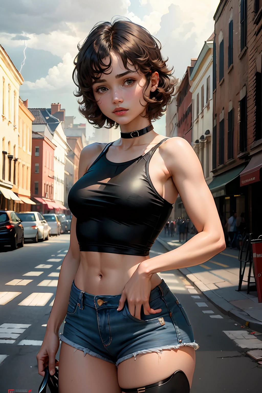 ((medium breast, tomboy girls, small head)), daylight, sunlight, (chiseled abs : 1.1), (perfect body : 1.1), (short wavy hair : 1.2) , auburn hair, collar, chain, full body shot, crowded street, wearing black tanktop, jeans jacket, ((shorts)), (extremely detailed CG 8k wallpaper), (an extremely delicate and beautiful), (masterpiece), (best quality:1.0), (ultra highres:1.0),  beautiful lighting ,perfect lightning, realistic shadows, [highres], detailed skin, ultra-detailed