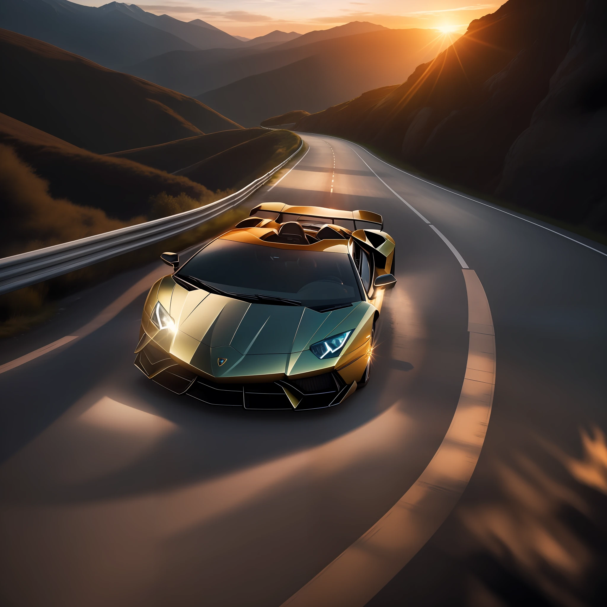 A stunning image of a luxurious Lamborghini Aventador racing down a mountain road, showcasing the cutting-edge technology and sophistication of its design. The car's high-performance, aerodynamic design and aerodynamics are captured beautifully, with the sunlightprovided by the setting sun illuminating the vehicle and creating a serene atmosphere. In the foreground, the sunset casts a dreamy, ethereal glow on the mountain road, creating a sense of serenity and serenity in the ethereal, dreamlike world of a high-performance sports car. wide-angle lens, soft lighting, high contrast