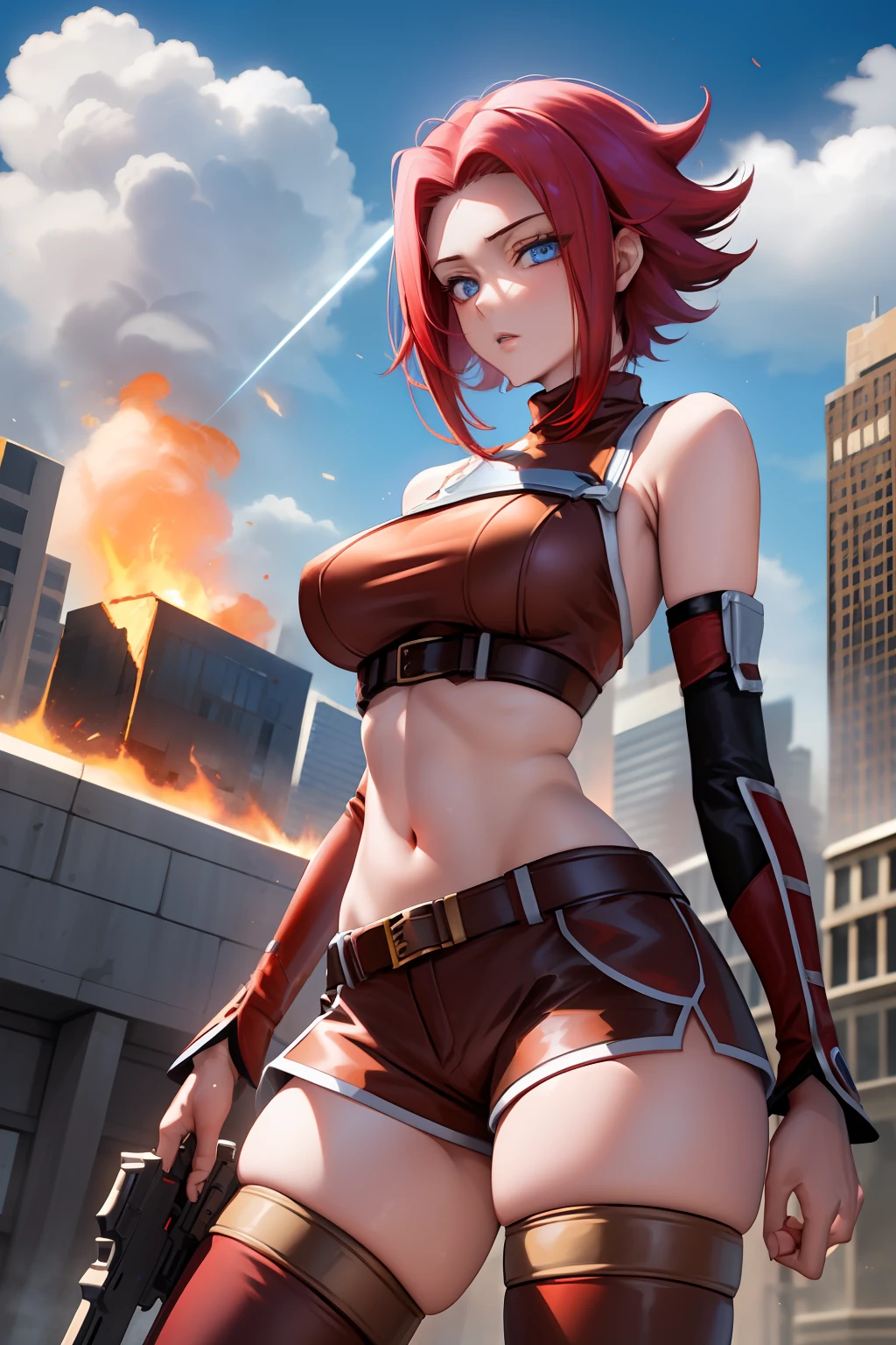 masterpiece, best quality, highly detailed, highres, hdr,
code geass, 1girl, solo, kallen stadtfeld,holding weapon, gun, holding gun,
bare shoulders, midriff, (((brown sleeveless turtleneck))), red thighhighs, (((brown shorts))), red shirt, ((white detached sleeves)), clothing cutout, zettai ryouiki, white belt, red legwear,
blue eyes, large breasts, red hair, short hair,
cowboy shot, intense angle,
mksks style, beautiful background, detailed background, professional lightning, post-apocalypse, buildings, burning, fire, light particles,