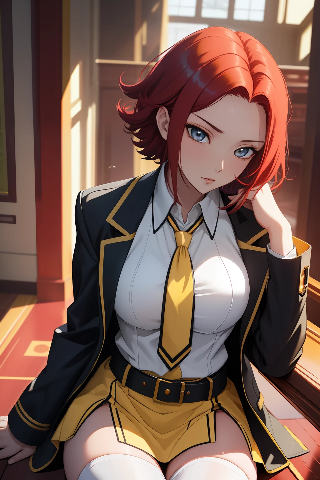 masterpiece, best quality, highly detailed, highres, hdr,
code geass, 1girl, solo, sitting,
(((yellow school uniform))), buckle, collared shirt, dress shirt, yellow jacket, black miniskirt, necktie, yellow belt, thighhighs, white shirt, white thighhighs, zettai ryouiki,
blue eyes, large breasts, red hair, short hair,
cowboy shot, intense angle,
mksks style, beautiful background, detailed background, professional lightning, indoor, mansion,