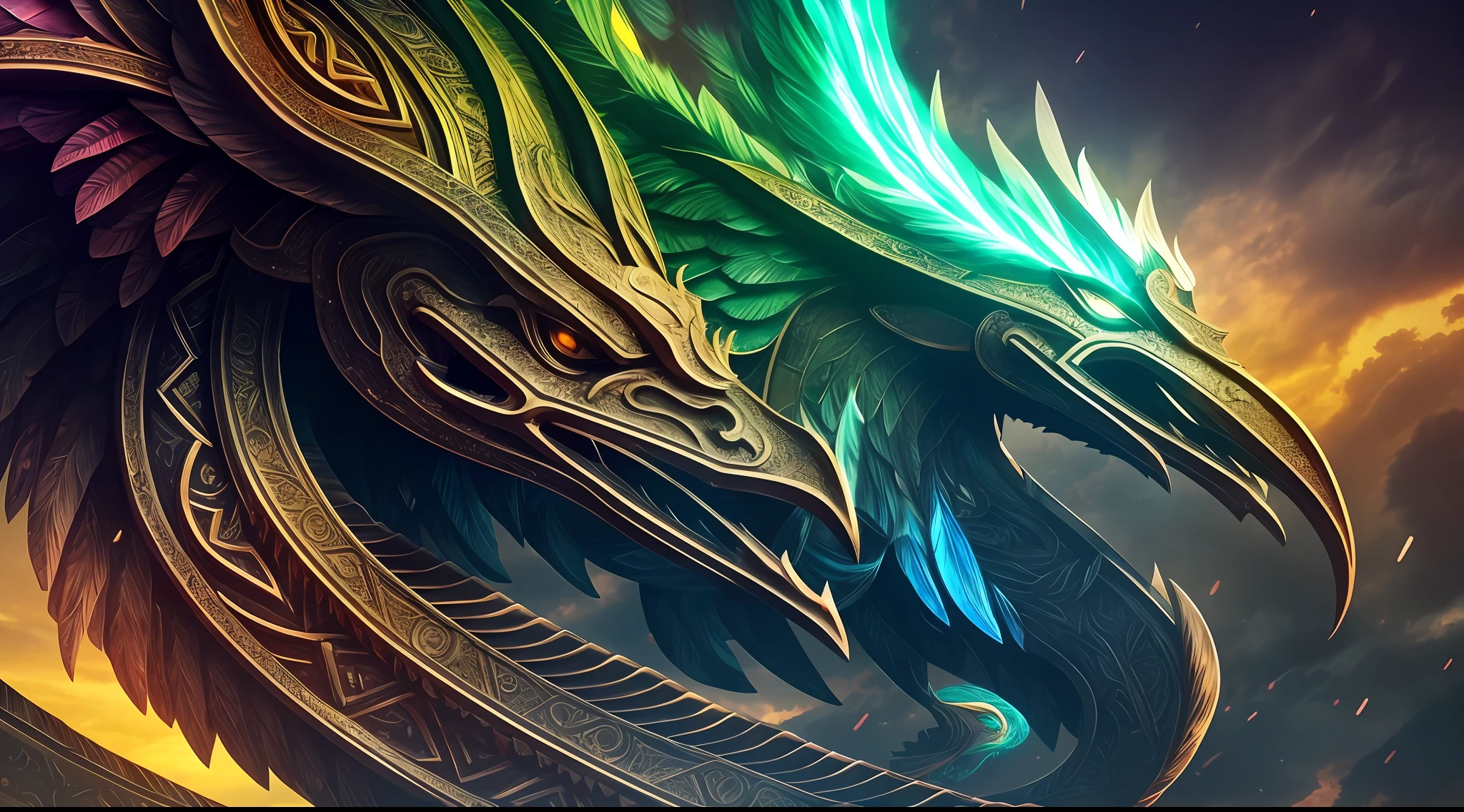 feathered serpent, extremely fine detail, epic high quality, insanely beautiful, full body shot, dark fantasy and holographic style, holographic rendering, 3d anime illustration, lucid, fantastic realism, new medievalism, vibrant colors, beautiful mythological, marvelous, dignified, transcendental, perfection, hyper real, ultra fine detailed skin, ultra quality, cinematic still, 16k, conceptual contrast, natural lighting, fiber landscape background, culture, farming, hero, blazing rain, emerald feathers, be resourceful, creation of heaven and earth,