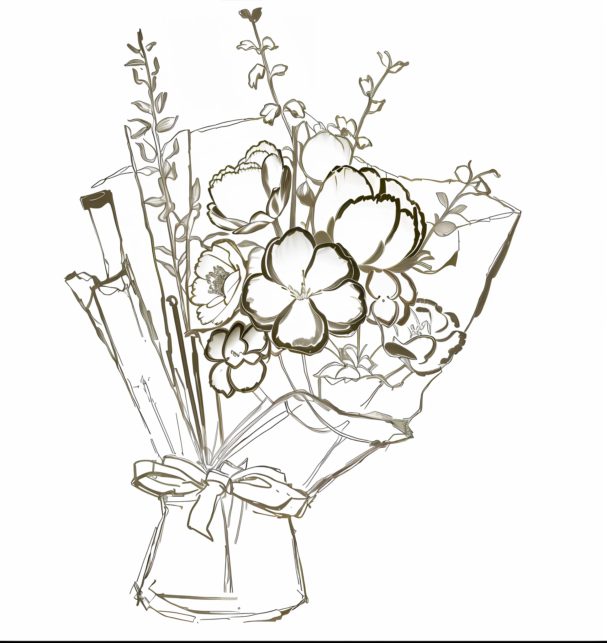A bouquet of flowers,Realistic photo of flowers and stems。Fill the sketch with color