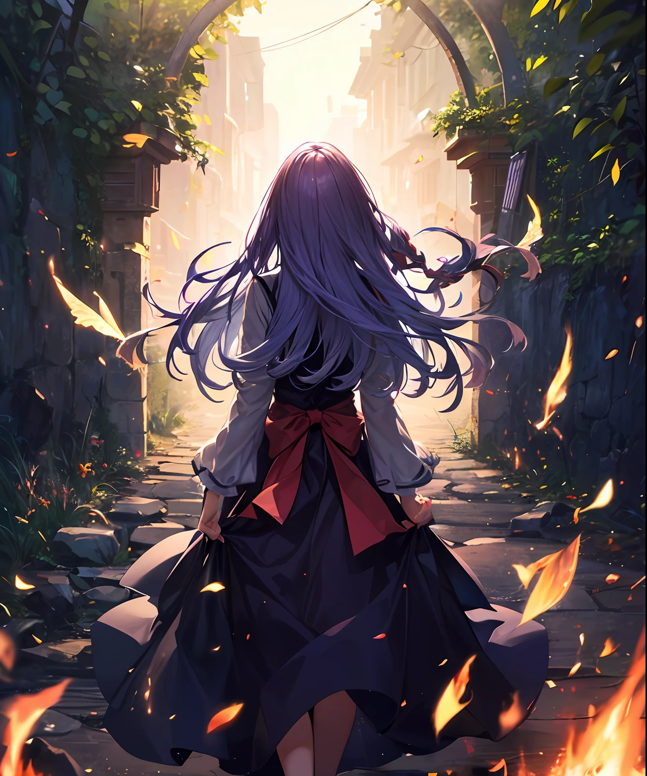 (​masterpiece、top-quality)、frontage、独奏、1girl in、is standing、Hands folded behind your back、amidst nature、A smile、The long-haired、Light purple hair、Hair flutters in the wind、with light glowing、Windy、Adult、Flames flutter