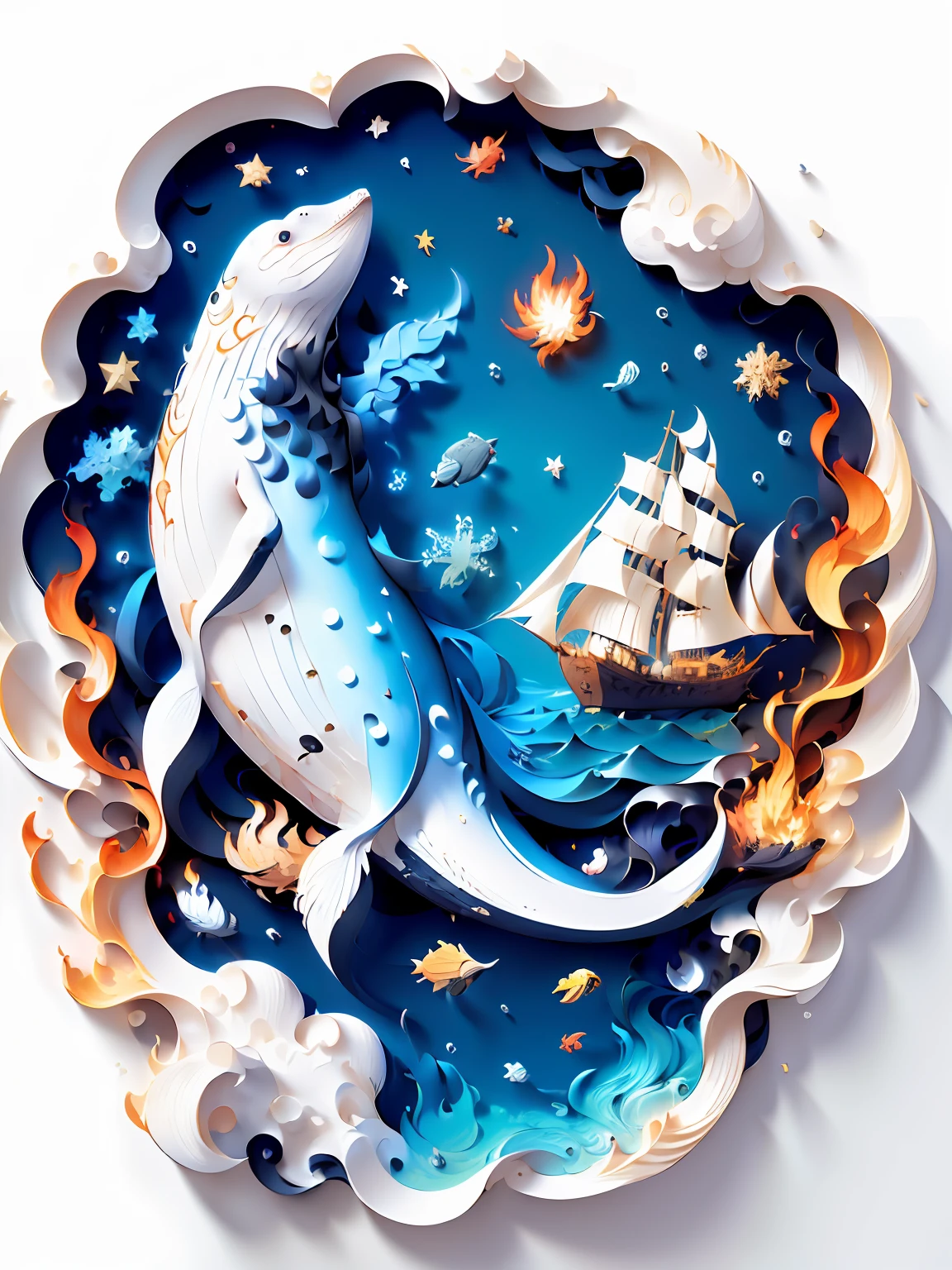 (((masutepiece))),Best Quality, Illustration, fire, ocean, Whale, Boat, cloud, Star \(symbol\), paper_cut, (White background:1.1)