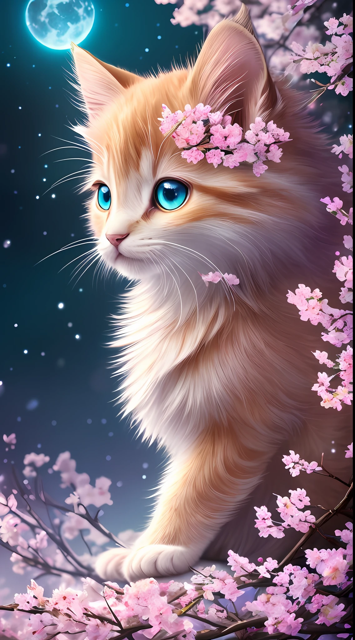side view, oversaturate, colorfully, Fairytale, dreamlike, Cinematic character render, oil painting, 3D, 8k resolution, sequins, glitter, sakura forest, moonlight, Close up Portrait adorable chibi kawaii anthropomorphic kitten king, Detailed eyes, large round reflective eyes,