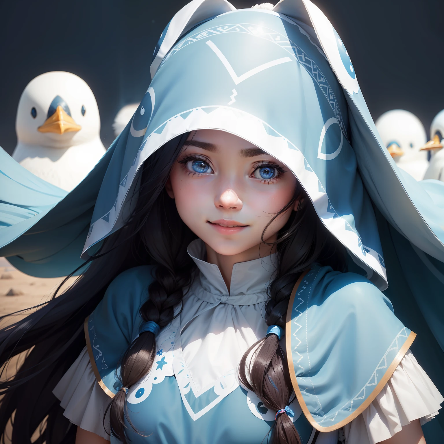 Generates images of young female characters wearing very long headdresses in the shape of blue penguins, Her hair is short、In a hole where you can see a cute face. The background should be light blue - light shades.1girl in,A smile、Mouth open