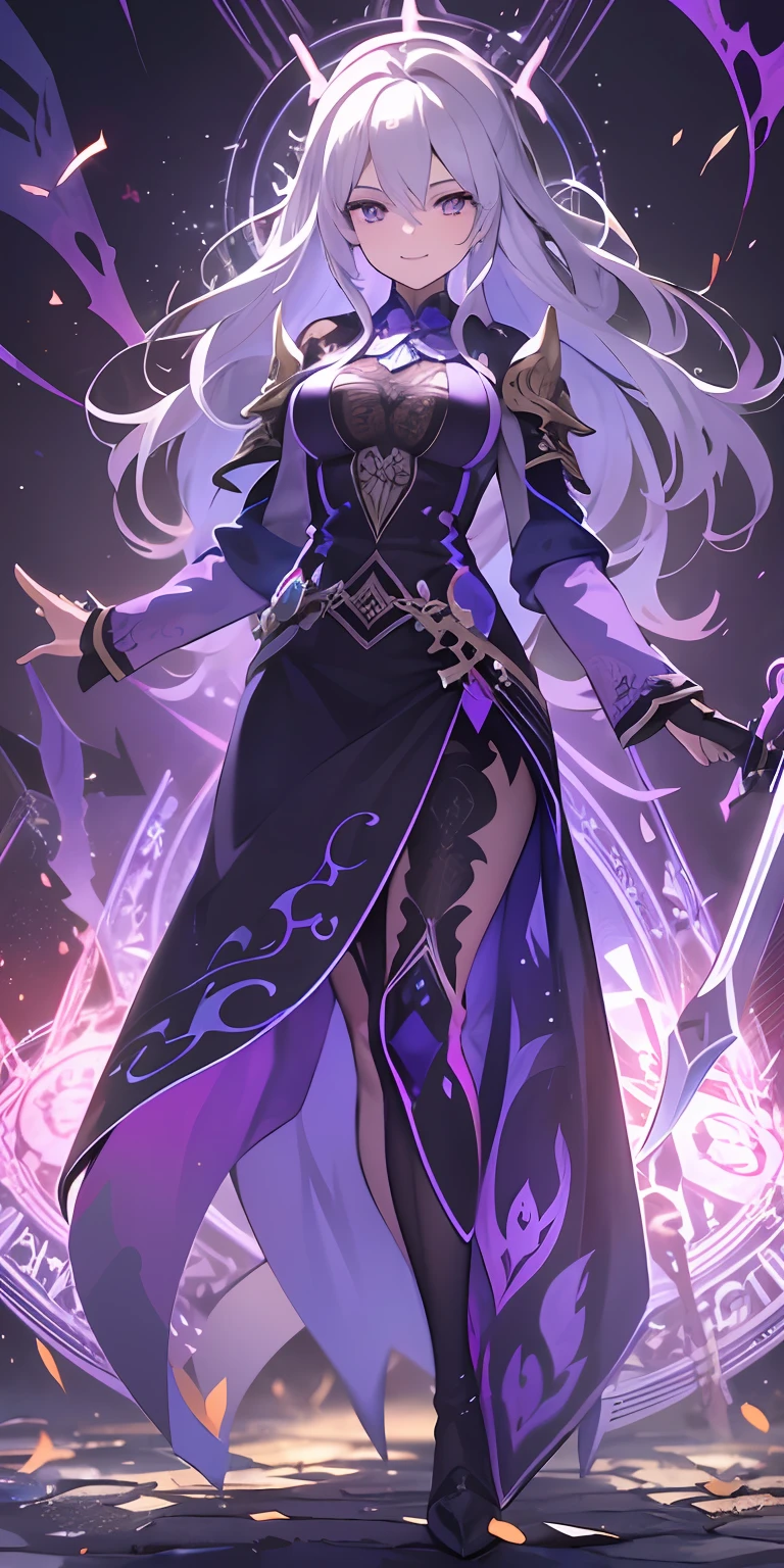 (masterpiece, best quality, ultra-detailed, best shadow), (detailed background,dark fantasy), (beautiful detailed face), high contrast, (best illumination, an extremely delicate and beautiful), ((cinematic light)), colorful, hyper detail, dramatic light, intricate details, (1girl, solo,white hair, sharp face,purple eyes, hair between eyes,dynamic angle), swirling black light around the character, depth of field,black light particles,(broken glass),magic circle, goddess, warrior, full body, holding magical sword, woman, happy, smile, look in front,