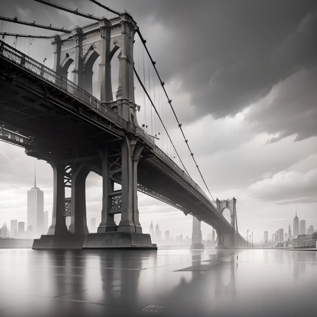 arafed view of a bridge over a city street with tall buildings, ominous clouds background, tall bridge with city in the back, inspired by Thomas Struth, Brooklyn, 4x5 styled street photography, 4k grayscale HD photography, grayscale photography, streets of New York, black and white film photography, 1 9 2 0 s Brooklyn, in the middle of New York