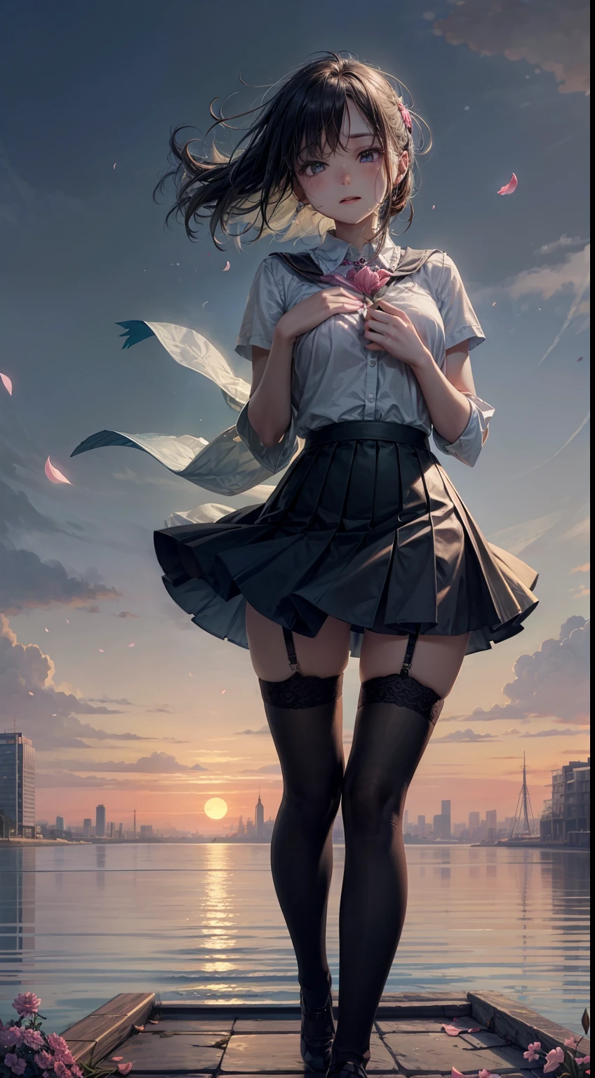 In the spring sun，She is as delicate as a flower petal，That shy look，It was as if the whole world had slowed down，Only she was there，Bloom quietly。 Her face is like the rising sun，That faint pink，Reminiscent of peach blossoms in the early morning。Her eyes were like twinkling stars，The deep black reveals an elusive mystery。These eyes are when shy，Will hang down half，Only a curved crescent shape remains，Make people want to keep looking inside，Discover the secrets of that depths。 Her demeanor has the gentleness of a virgin，Every step is like falling petals，Light and discreet。The voice in which she spoke，It's like a stream gently flowing through a stone，That soft and sweet voice，As if it can melt the hardest heart。 When she laughed，Like a spring breeze gently blowing through the fields，It fills people's hearts with warmth。And when she lowered her head shyly，Her cheeks would glow a thin shade of red，It was an unspeakable innocence and shyness。 Her heart is full of passion and dreams，It's just that she's ashamed to express，Often keep them in the back of their hearts。Her shyness is her most unique brilliance，Make her unique among all，It's unforgettable。 Her shyness，It is an innocence，It is a kind of introversion，It's an emotion，It makes her beauty even more moving，More radiant。It's like a spring flower，Although shy，But still enthusiastically open，Her shyness also makes her more real，More glamorous。，Top-down view，（Digital artwork：1.3），（a sketch：1.1）（（Octane rendering）），the city street，High-rise tail alley，（Shy girl，low head，Hold your index fingers in front of your chest and touch each other，is shy，Be red in the face），（（JK school uniform，short detailed hair）），Full body like，Realistic digital painting portrait，shot at 8k resolution，petrol liquid，pastel colour，splashart，Pink and blue and purple petals，Lithography in intricate details，（light particules：1.2），（game concept：1.3），（depth of fields:1.3),Global illumination,detail-rich,Trends on ArtStation，（（illustrious）），super-fine，1