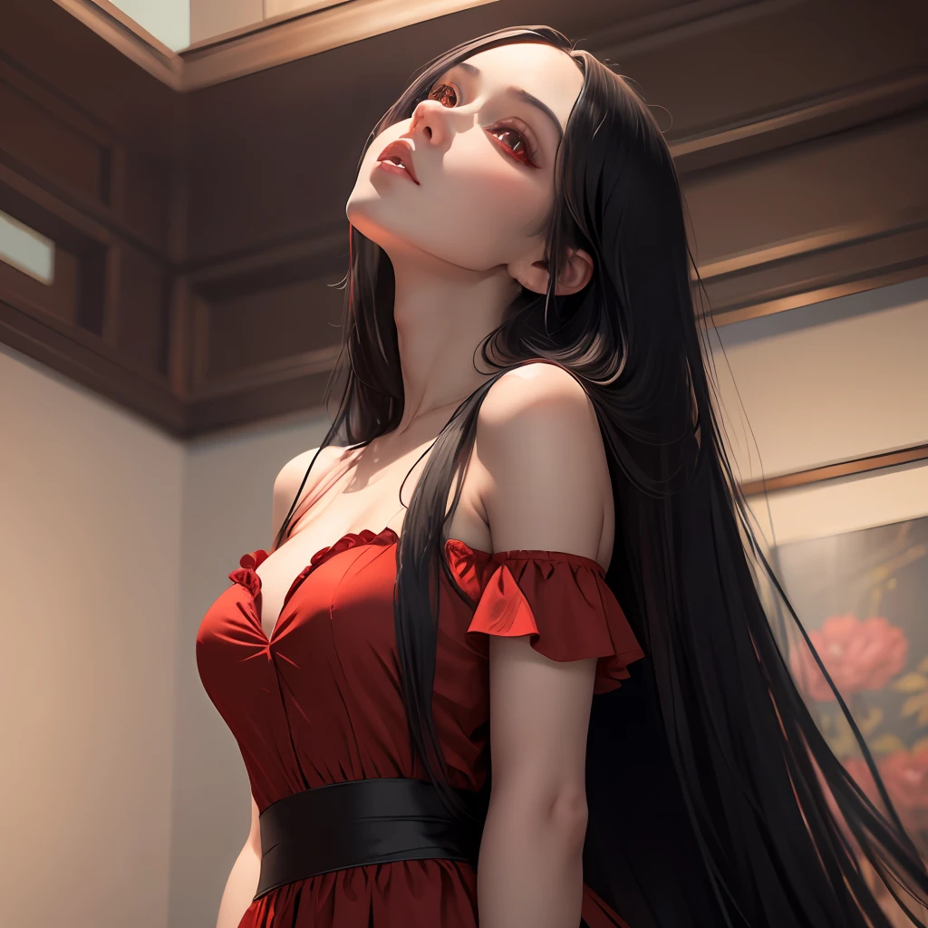 best quality, masterpiece, long Black hair, red eyes, looking up, upper body, red dress