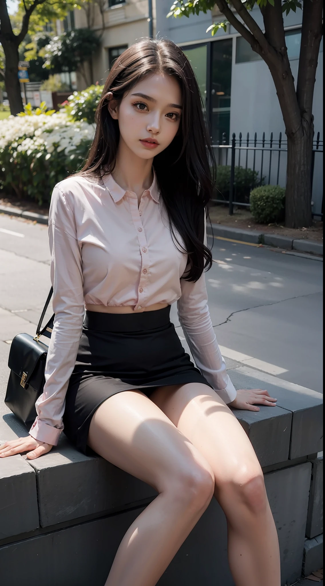 pink color, Best quality, full body portrait, delicate face, pretty face, 25 year old woman, slim figure, small bust, OL uniform, office clothes, black stockings, outdoor scene, sitting position, (Realistic lighting, Best quality, 8K, Masterpiece: 1.3), Focus: 1.2, 1girl, Perfect beauty: 1.4, Slim Abs: 1.1, Double eyelids, hyper realistic, Nikon RAW photo, 8k, Fujifilm XT3,